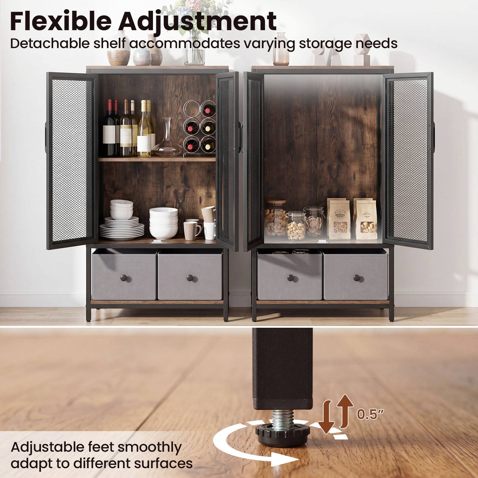 Flexible Adjustment  
Detachable shelf accommodates varying storage needs  

Adjustable feet smoothly adapt to different surfaces