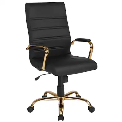 Front. Emma + Oliver - High Back Executive Swivel Office Chair with Metal Frame and Arms - Black LeatherSoft/Gold Frame.