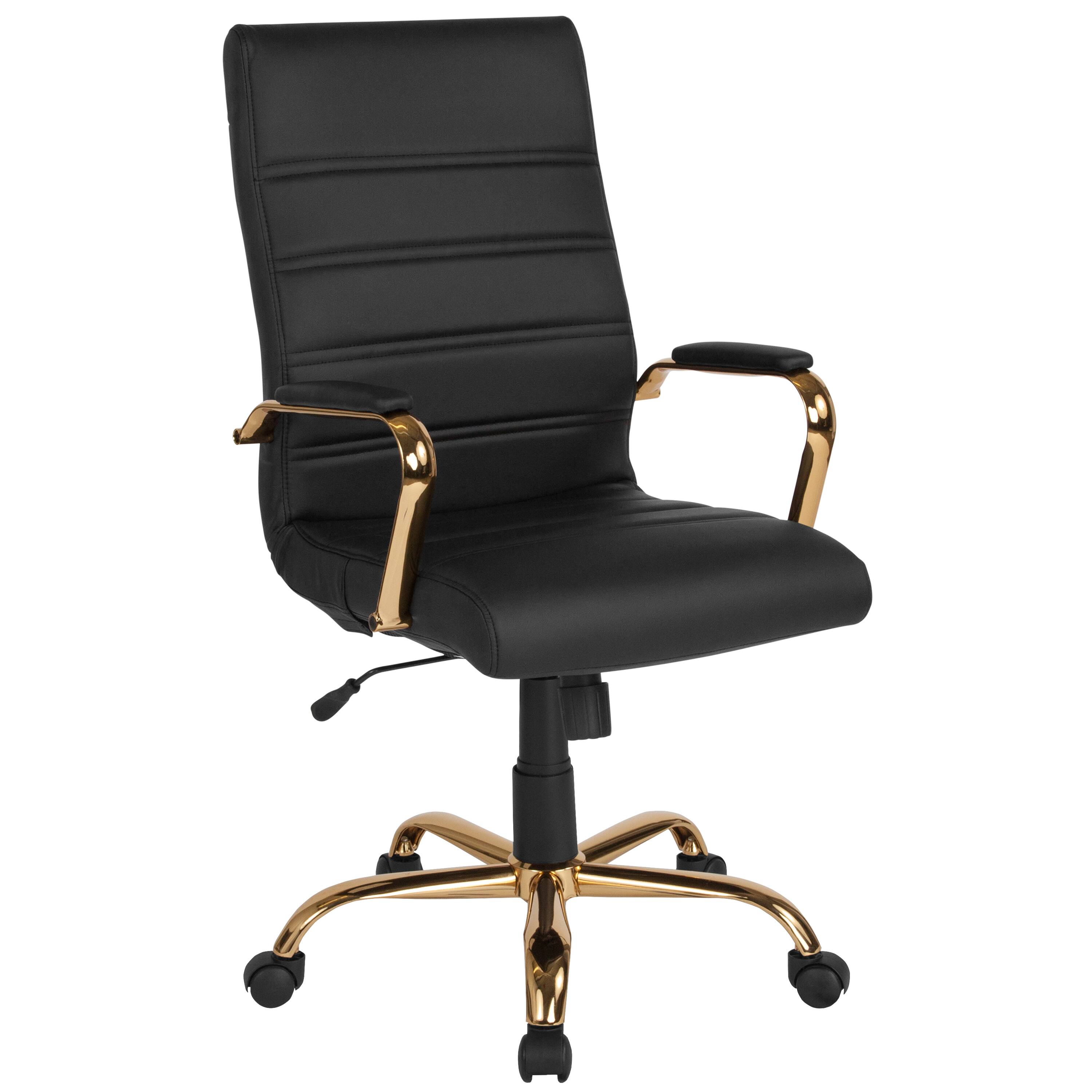 Front. Emma + Oliver - High Back Executive Swivel Office Chair with Metal Frame and Arms - Black LeatherSoft/Gold Frame.