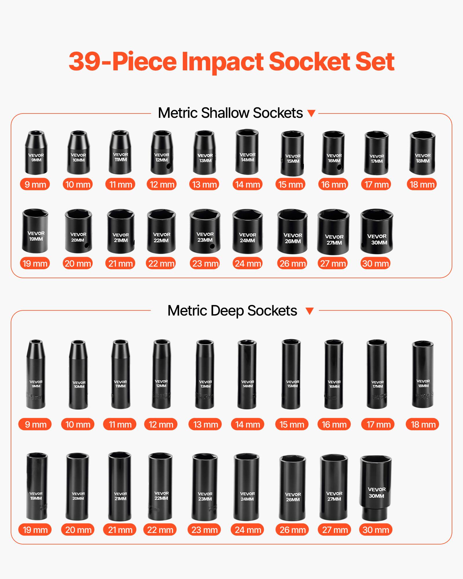 39-Piece Impact Socket Set

Metric Shallow Sockets
- 9 mm
- 10 mm
- 11 mm
- 12 mm
- 13 mm
- 14 mm
- 15 mm
- 16 mm
- 17 mm
- 18 mm
- 19 mm
- 20 mm
- 21 mm
- 22 mm
- 23 mm
- 24 mm
- 26 mm
- 27 mm
- 30 mm

Metric Deep Sockets
- 9 mm
- 10 mm
- 11 mm
- 12 mm
- 13 mm
- 14 mm
- 15 mm
- 16 mm
- 17 mm
- 18 mm
- 19 mm
- 20 mm
- 21 mm
- 22 mm
- 23 mm
- 24 mm
- 26 mm
- 27 mm
- 30 mm