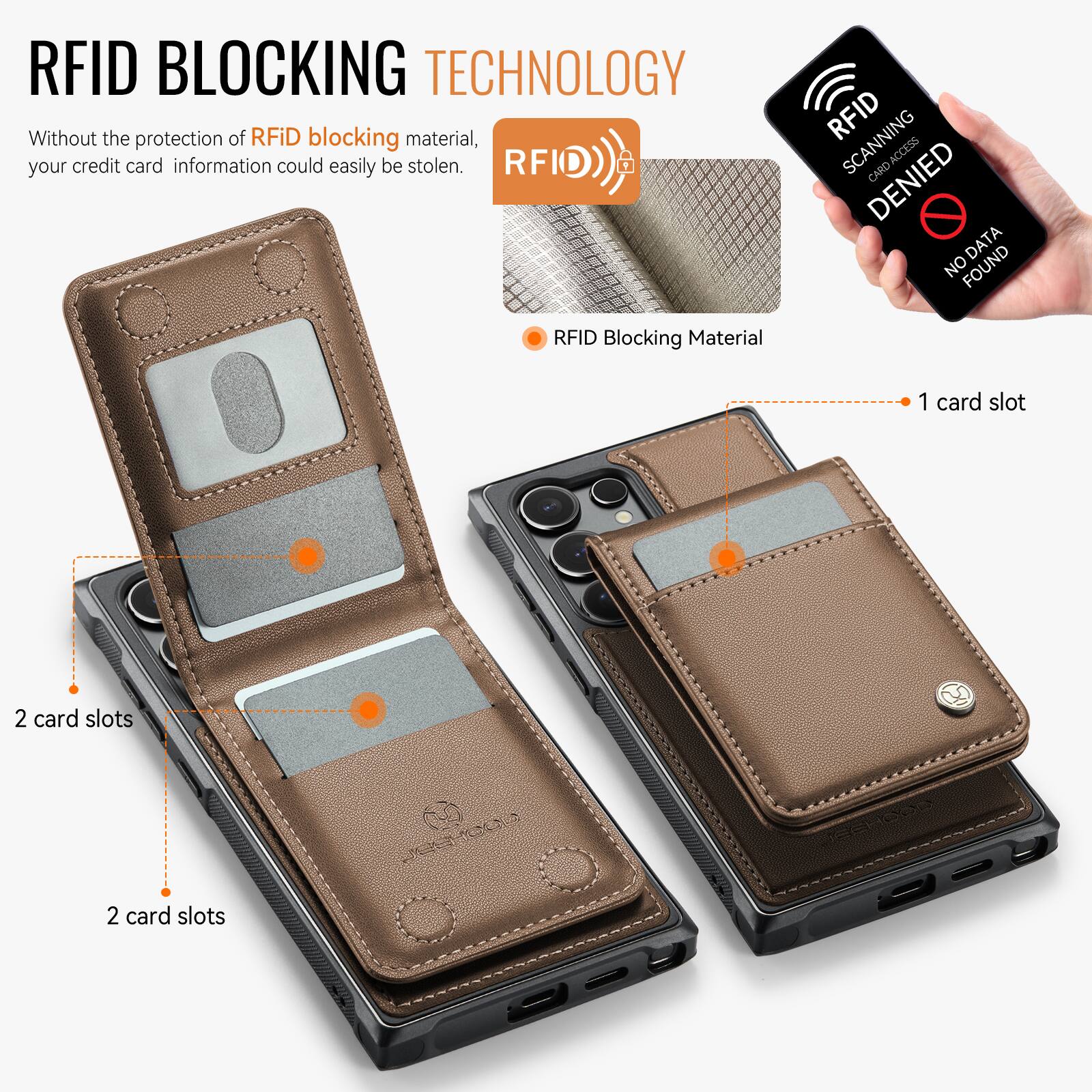 RFID BLOCKING TECHNOLOGY

Without the protection of RFID blocking material, your credit card information could easily be stolen.

RFID Blocking Material

1 card slot

2 card slots

2 card slots