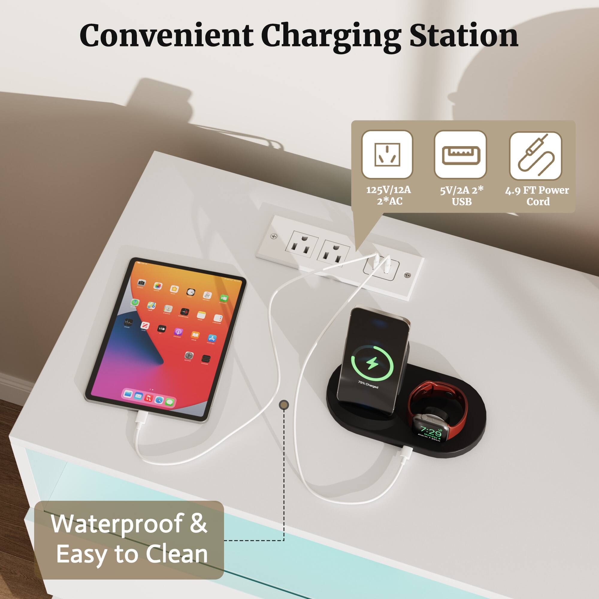 Convenient Charging Station

125V/12A 2*AC  
5V/2A 2* USB  
4.9 FT Power Cord  
Waterproof & Easy to Clean