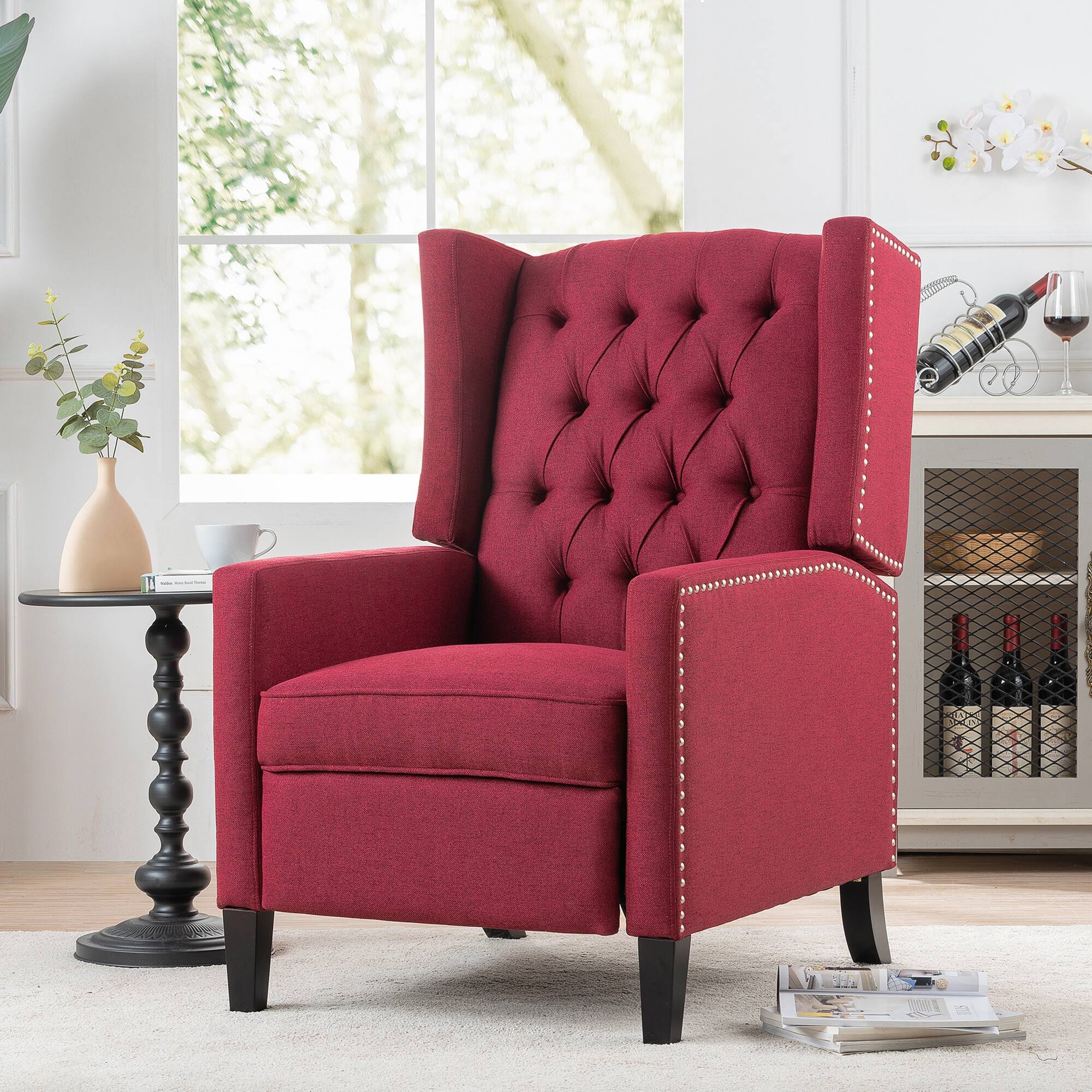 Left. Boyel Living - Fabric Upholstered Tufted Manual Recliner Chair - Burgundy and Brown.