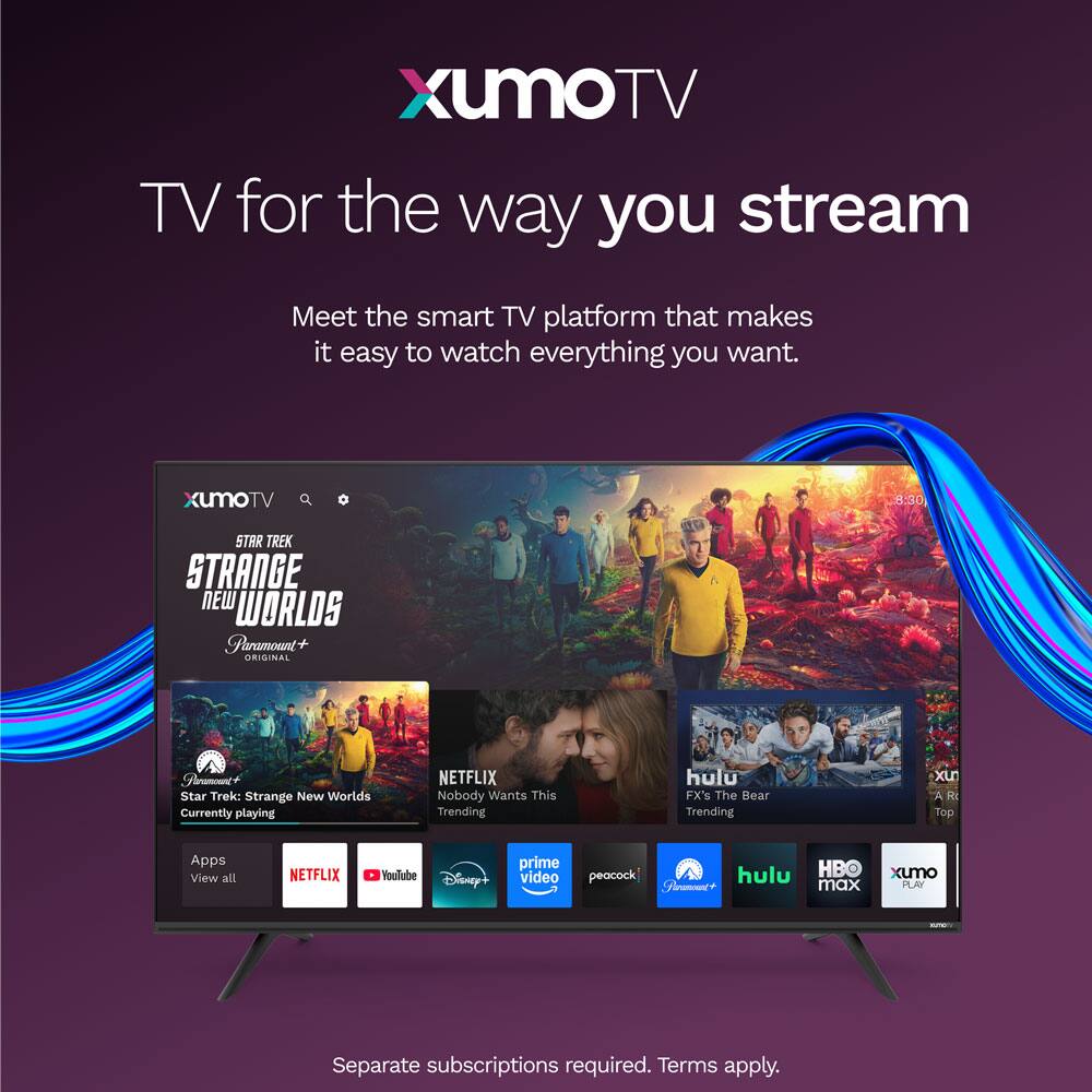 XumoTV TV for the way you stream  
Meet the smart TV platform that makes it easy to watch everything you want.  

XumoTV  
8:30 STAR TREK STRANGE NEW WORLDS Paramount+ ORIGINAL  
Star Trek: Strange New Worlds  
Currently playing  

NETFLIX  
Nobody Wants This  
Trending  

hulu  
FX's The Bear  
Trending  

Top Apps  
View all  
NETFLIX YouTube Disney+ prime video peacock hulu HBO max  

Xumo PLAY  

Separate subscriptions required. Terms apply.