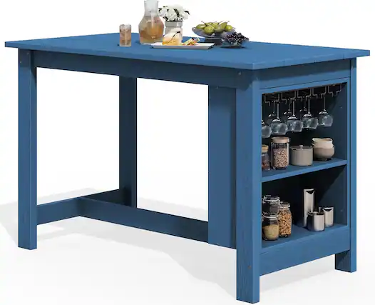 Front. SERWALL - Outdoor HDPE Counter-Height Bar Table with Storage Rack - Navy.