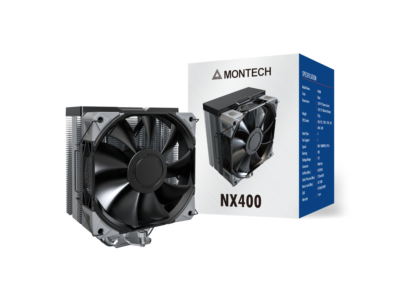 MONTECH NX400 SPECIFICATION

Model Name: NX400  
Color: Black  
Dimensions: 120 x 120 x 150 mm (L x W x H)  
Weight: 0.5 kg  
CPU Sockets: LGA 775, 1150, 1155, 1156, 2011  
Heat Pipes: 4  
Fan Support: 1  
Fan Speed: 800 - 1500 RPM  
Bearing: SSO  
Voltage Range: 3.3V - 12V  
Connector: 4-pin PWM  
Airflow: 16.5 CFM  
Static Pressure: 2.35mmH2O  
Noise Level (Max): 33.1 dBA  
Warranty: 1 year