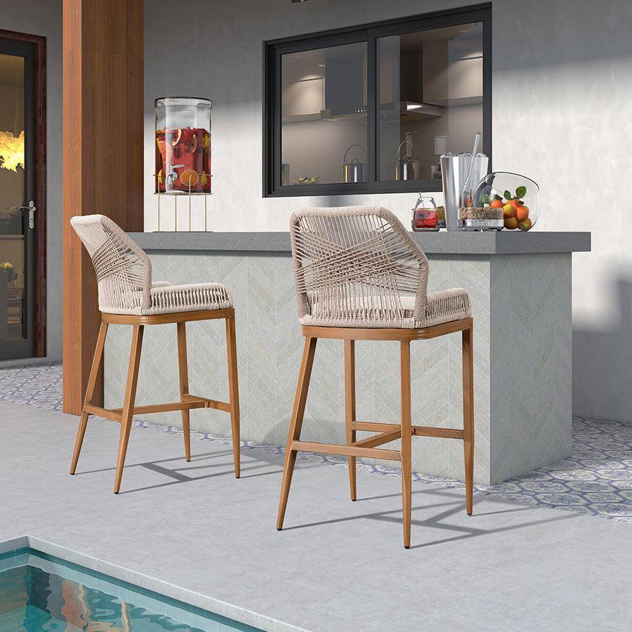 Alt View 1. PURPLE LEAF - Outdoor Bar Stool Set of 2, Wicker Rattan Bar stools with Back Aluminum Outside Garden Patio Bar Chairs - Teak-twill-Bar Height.