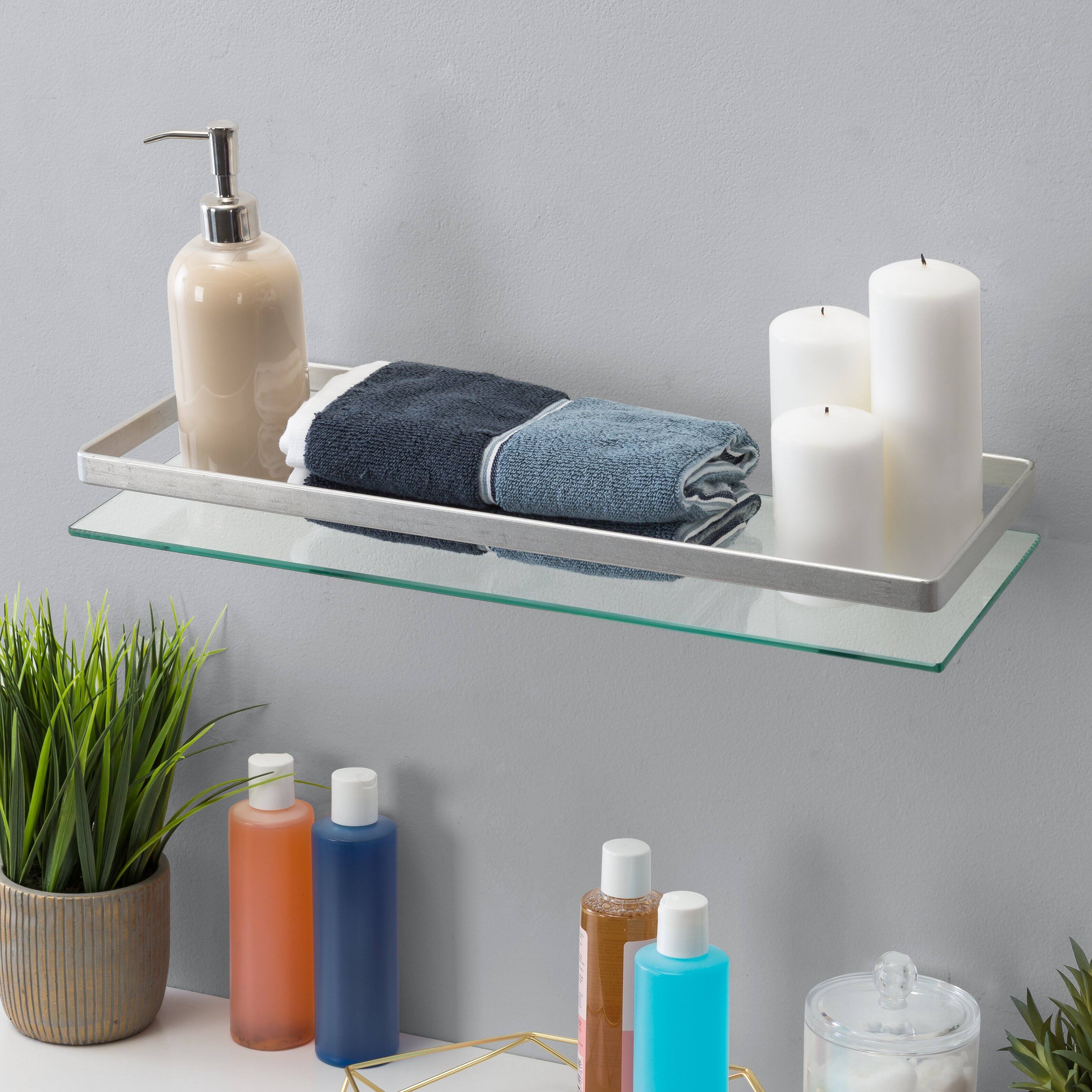Angle. Danya B - Floating Wall Mount Tempered Glass Bathroom Shelf with  Brushed Chrome Rail - Chrome, Glass.