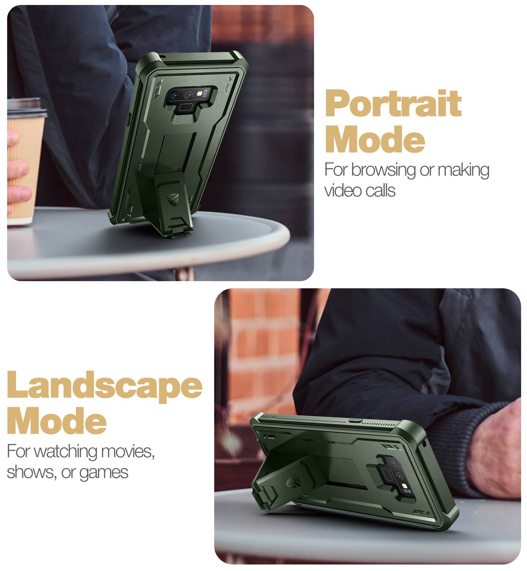 Portrait Mode  
For browsing or making video calls  

Landscape Mode  
For watching movies, shows, or games