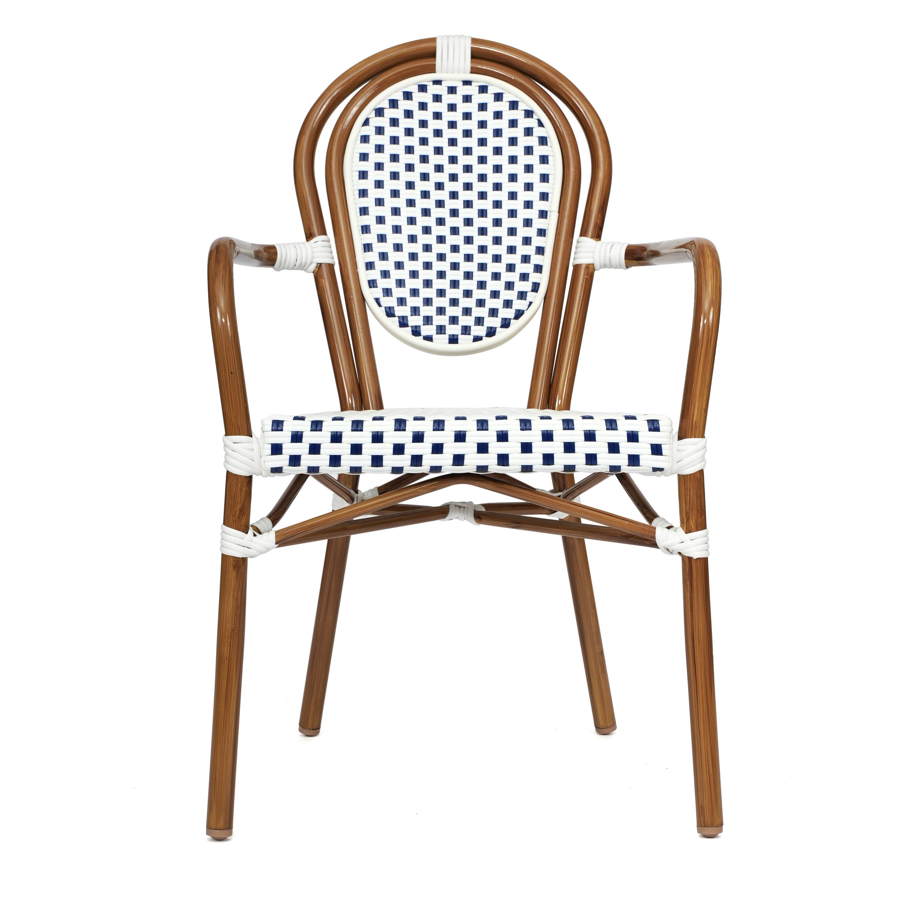 Alt View 9. Emma + Oliver - Colmar Set of Two Indoor/Outdoor Stacking Thonet Bistro Style Chairs with Arms, PE Rattan Seat and Metal Frame - White & Navy/Natural Frame.