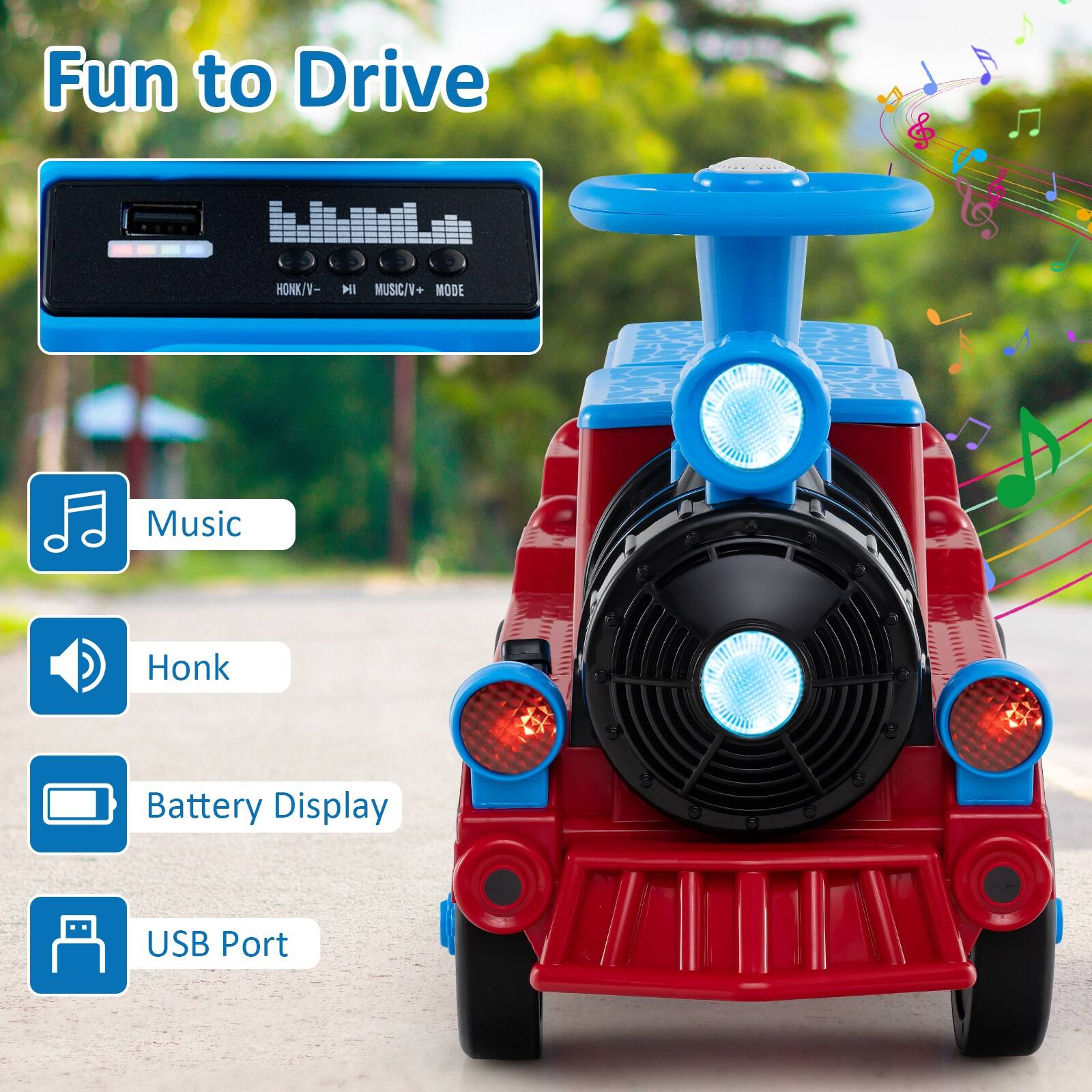 Fun to Drive

- Music
- Honk
- Battery Display
- USB Port