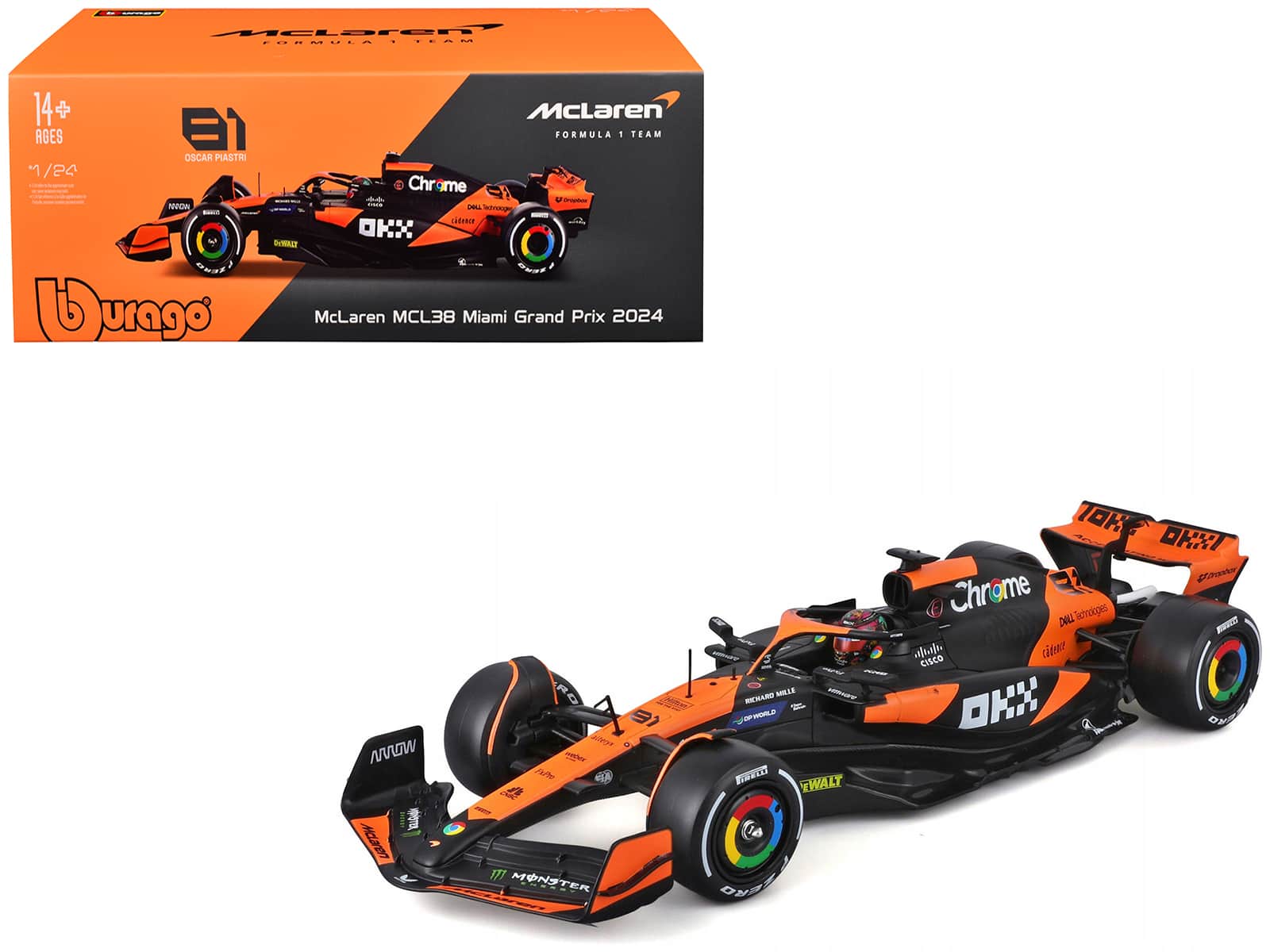 "McLaren MCL38 #81 Oscar Piastri ""OKX"" Formula One F1 ""Miami GP"" (2024) w/Case 1/24 Diecast Model Car by Bburago" price history on PriceWatchPro