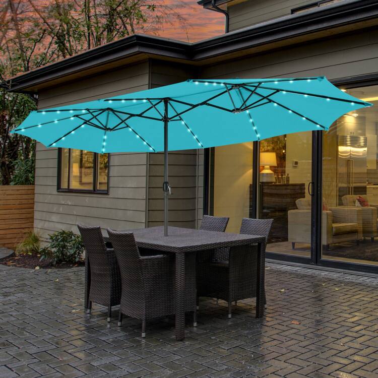Angle. Mondawe - 15 FT Twin Patio Umbrella with 48 Solar LED Lights Double-Sided - Turquoise.