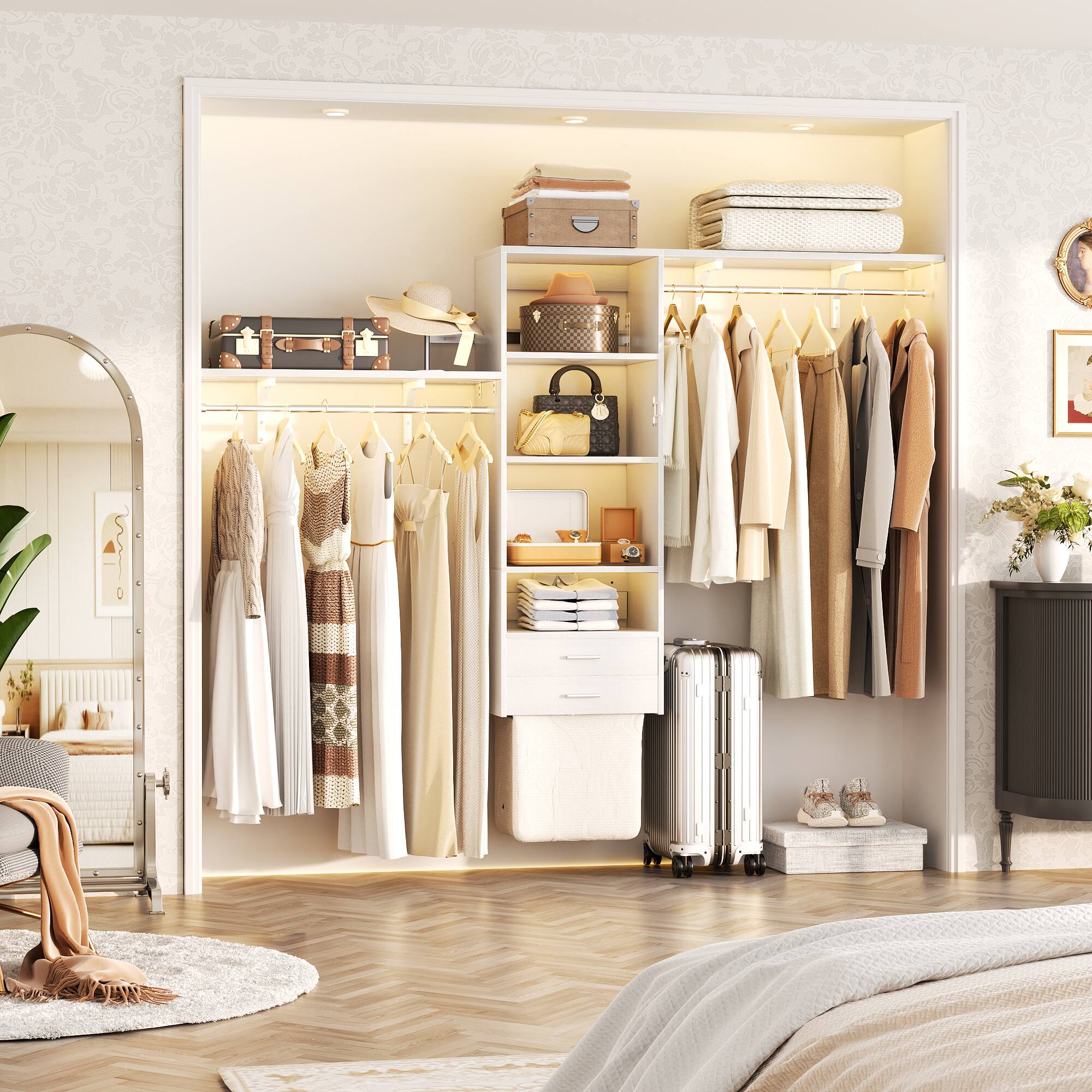 Angle. Aheaplus - 96'' Wall-Mounted Laundry Organizer Cabinet with Drawer, Hanging Rods, and Drawer-Style Laundry Basket - White.