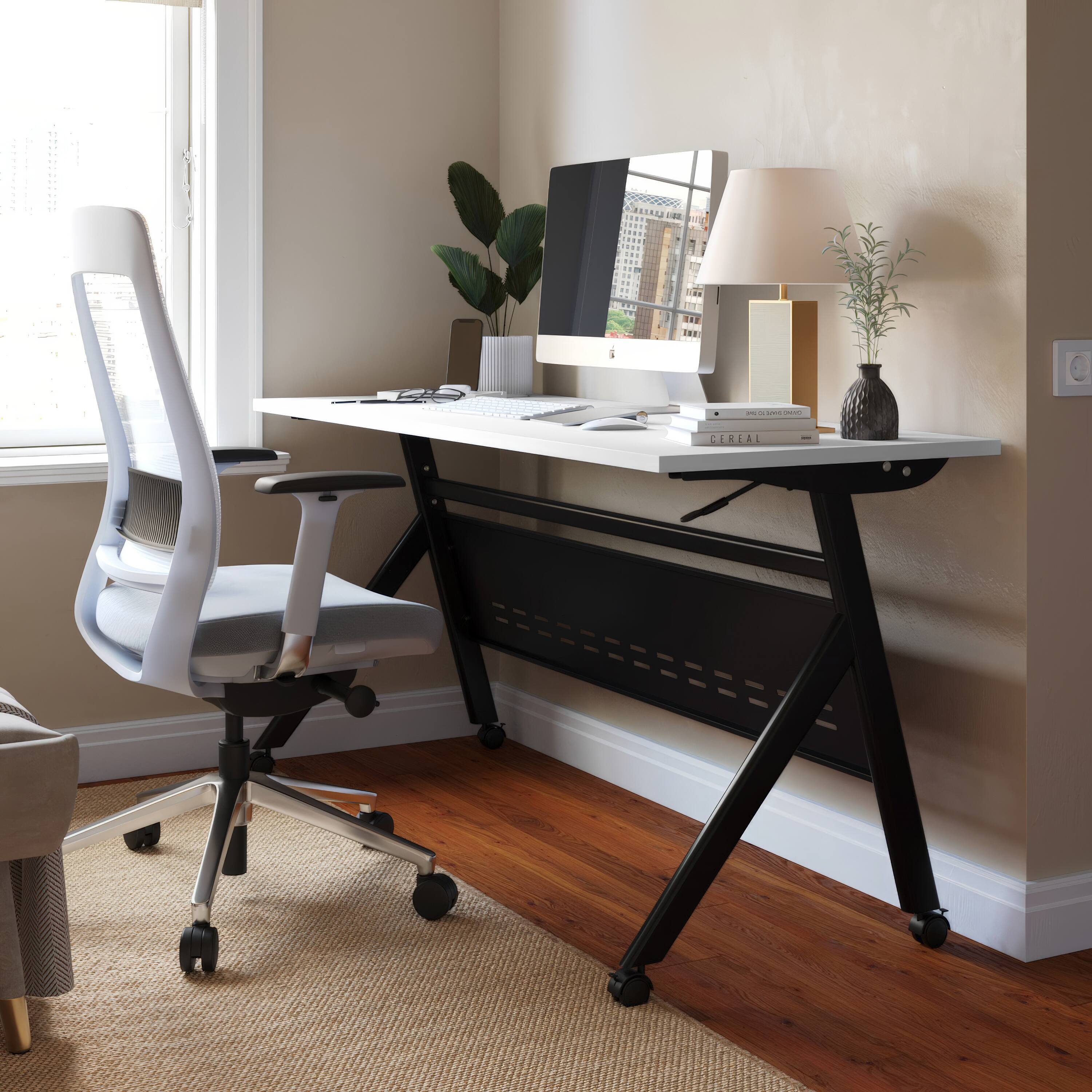 Alt View 1. Emma + Oliver - Griffin Heavy-Duty Flip Top Training Table with Nesting Design, Privacy Panel, Y-Legs, Tabletop, Metal Frame - White Top/Black Frame.