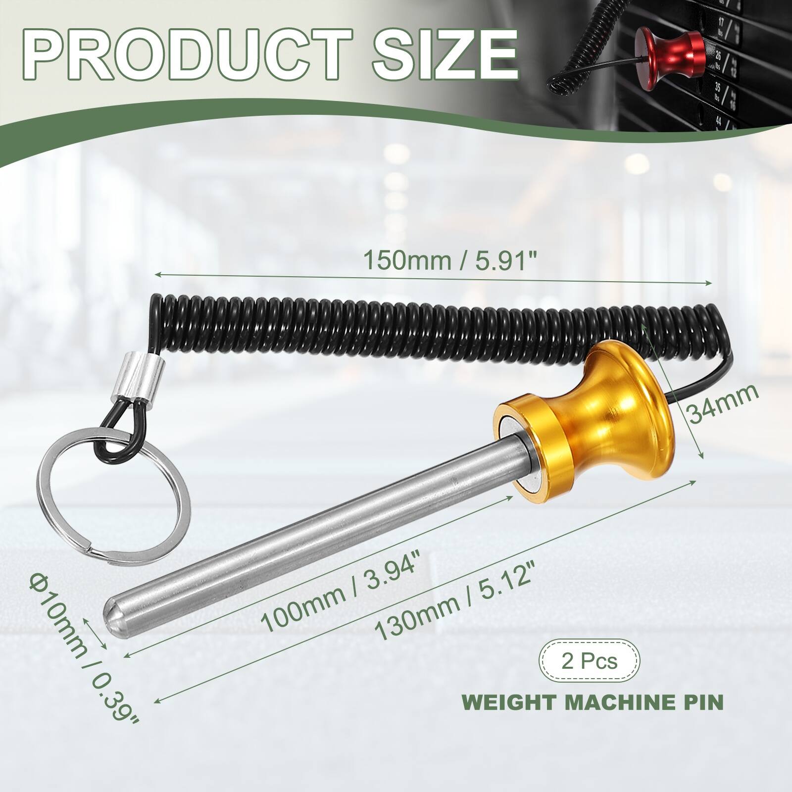 PRODUCT SIZE

150mm / 5.91"  
34mm  
10mm / 0.39"  
100mm / 3.94"  
130mm / 5.12"  

2 Pcs  

WEIGHT MACHINE PIN