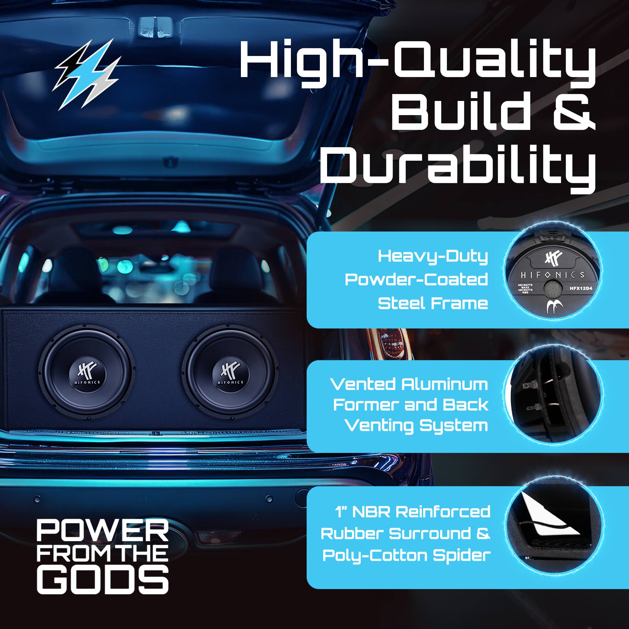 High-Quality Build & Durability

Heavy-Duty Powder-Coated Steel Frame

Vented Aluminum Former and Back Venting System

1" NBR Reinforced Rubber Surround & Poly-Cotton Spider

POWER FROM THE GODS