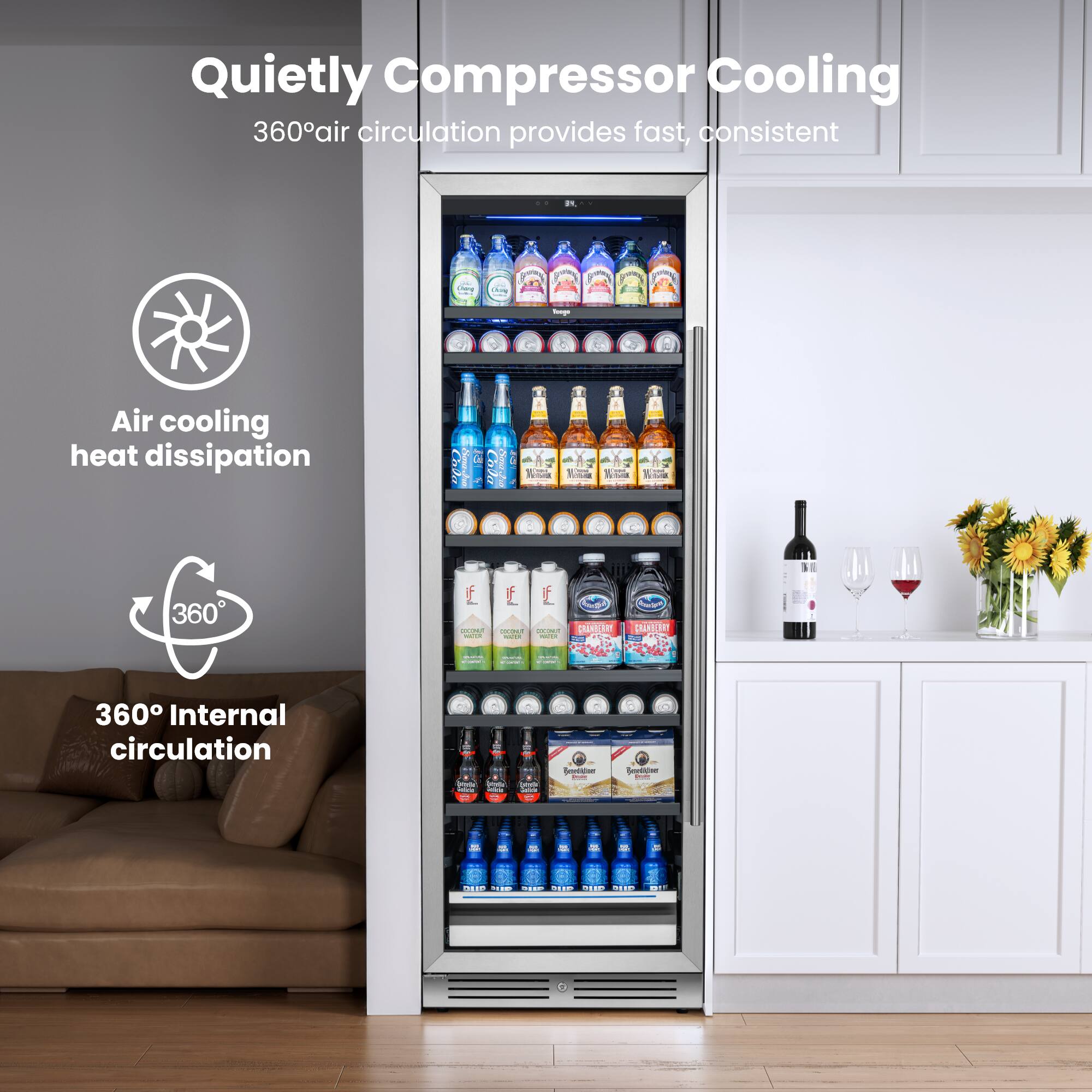 Quietly Compressor Cooling  
360° air circulation provides fast, consistent cooling.  

- Air cooling heat dissipation  
- 360° Internal circulation
