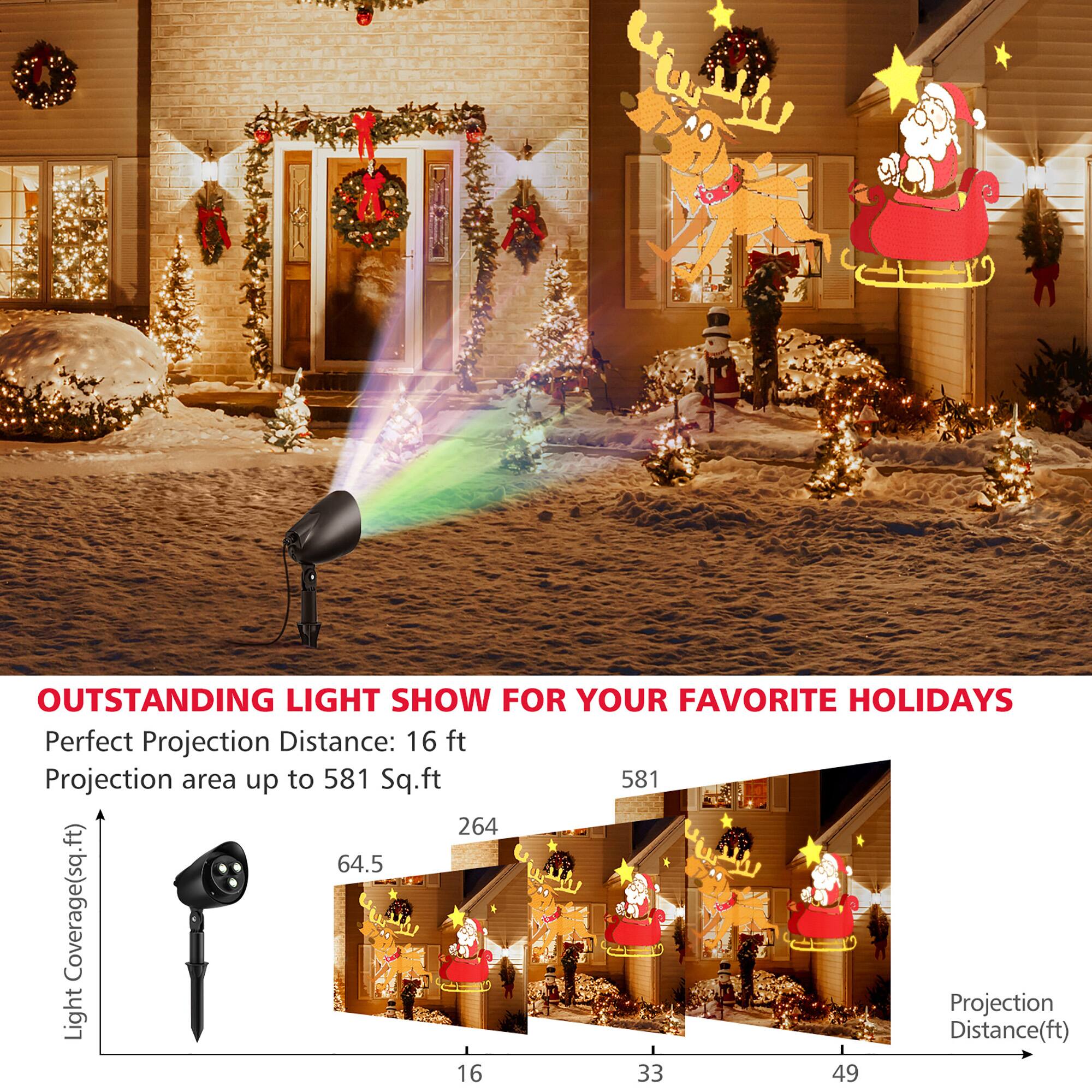 OUTSTANDING LIGHT SHOW FOR YOUR FAVORITE HOLIDAYS

Perfect Projection Distance: 16 ft  
Projection area up to 581 Sq.ft

Light Coverage(sq.ft)  
64.5 264 581

Projection Distance(ft)  
16 33 49