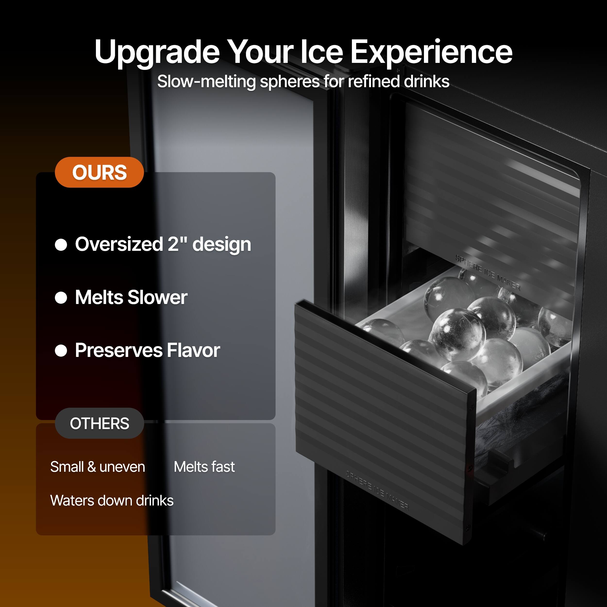 Upgrade Your Ice Experience  
Slow-melting spheres for refined drinks

**OURS**  
- Oversized 2" design  
- Melts Slower  
- Preserves Flavor

**OTHERS**  
- Small & uneven  
- Melts fast  
- Waters down drinks