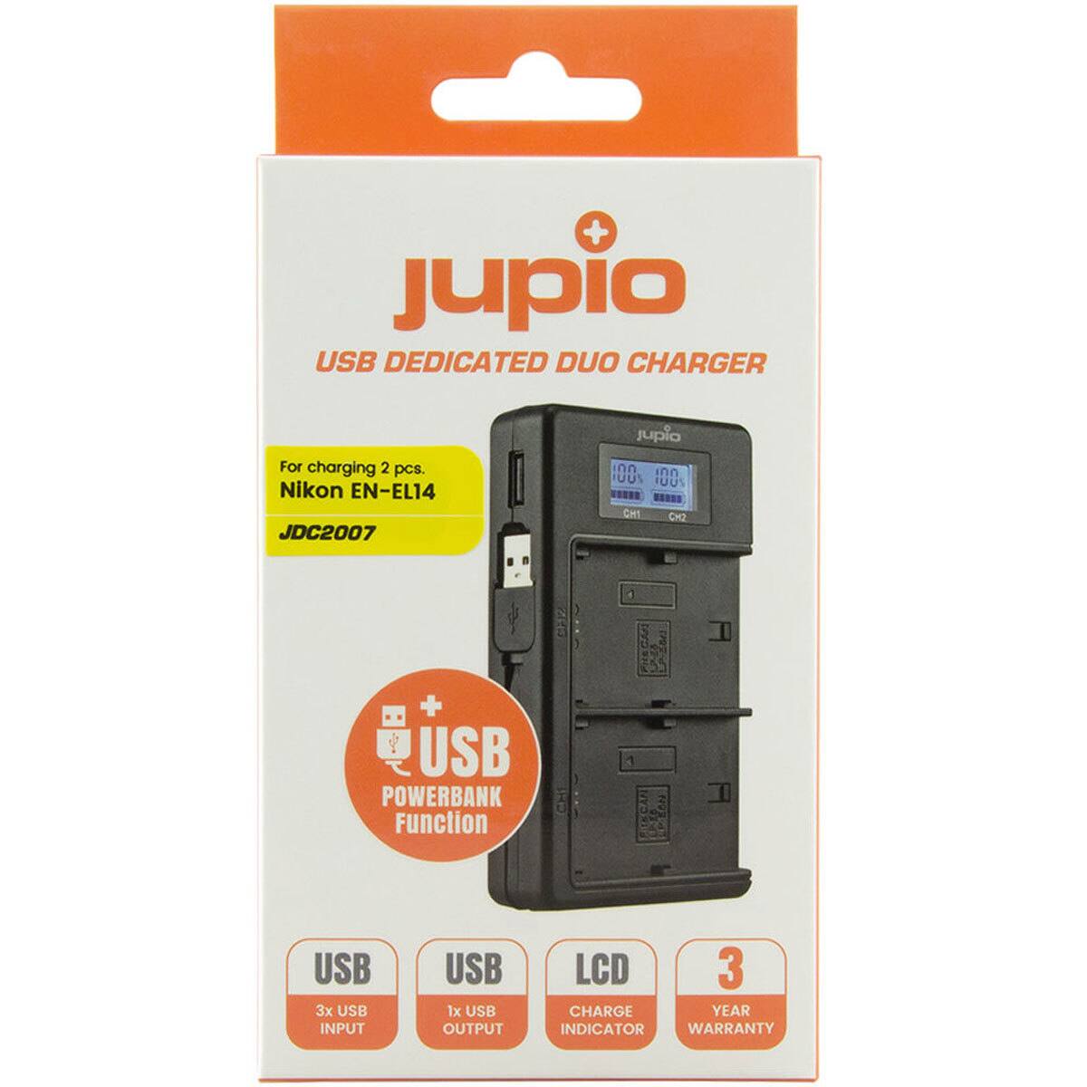 Jupio USB Dedicated Duo Charger  
For charging 2 pcs. Nikon EN-EL14  
JDC2007  

USB Powerbank Function  
3x USB Input  
1x USB Output  
LCD Charge Indicator  
3 Year Warranty