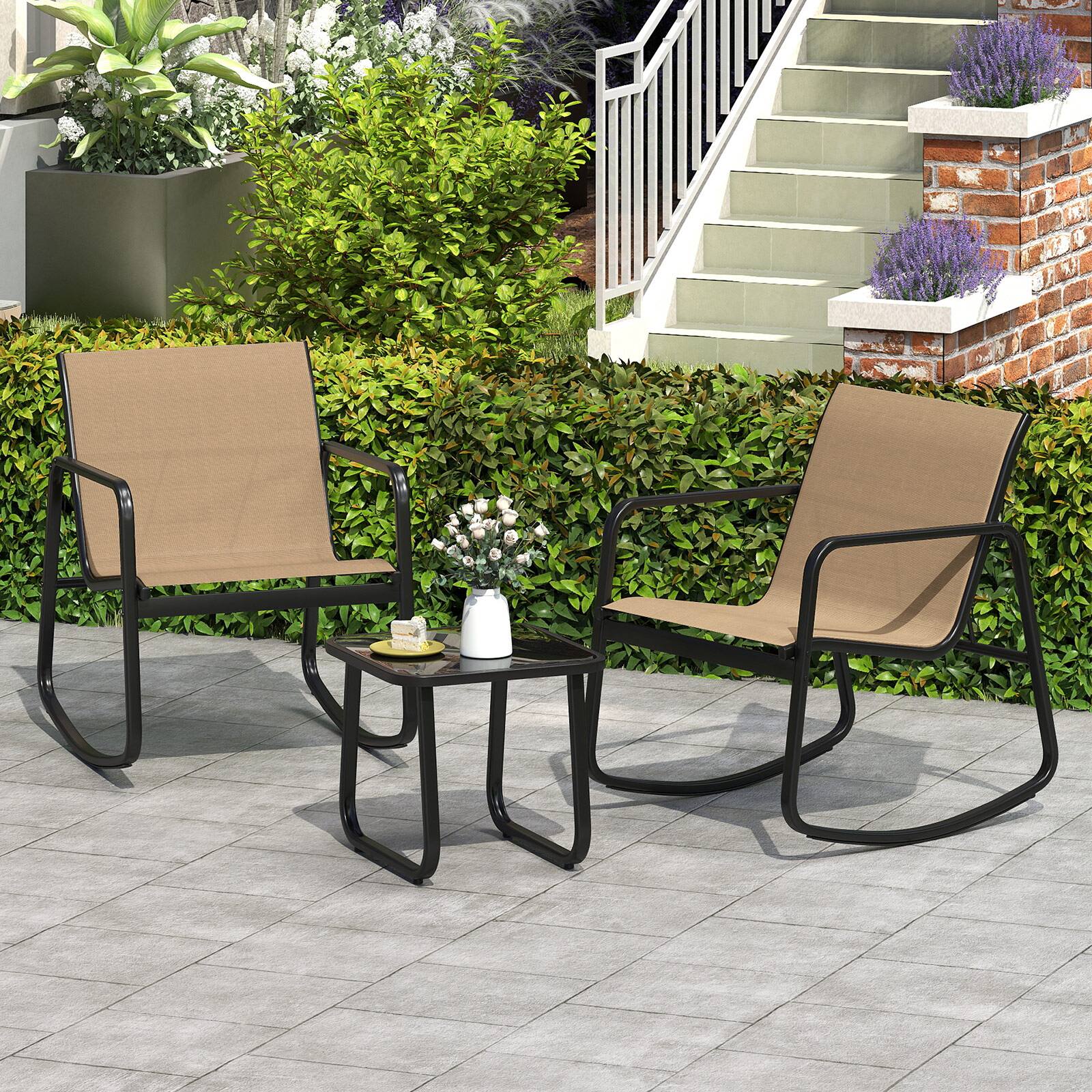 Alt View 1. Gymax - Gymax Set of 3 Patio Rocking Set 2 Rocking Bistro Chairs & Glass-Top Table for Porch - Brown.