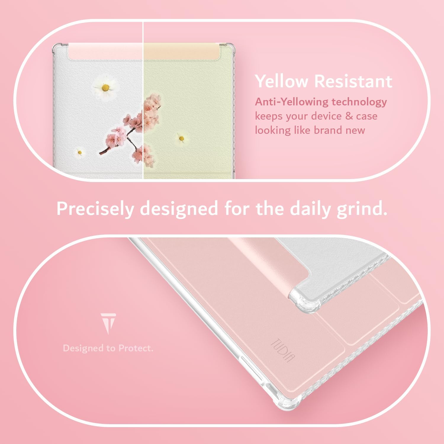 Yellow Resistant  
Anti-Yellowing technology keeps your device & case looking like brand new  

Precisely designed for the daily grind.  

Designed to Protect.  
TUDIA