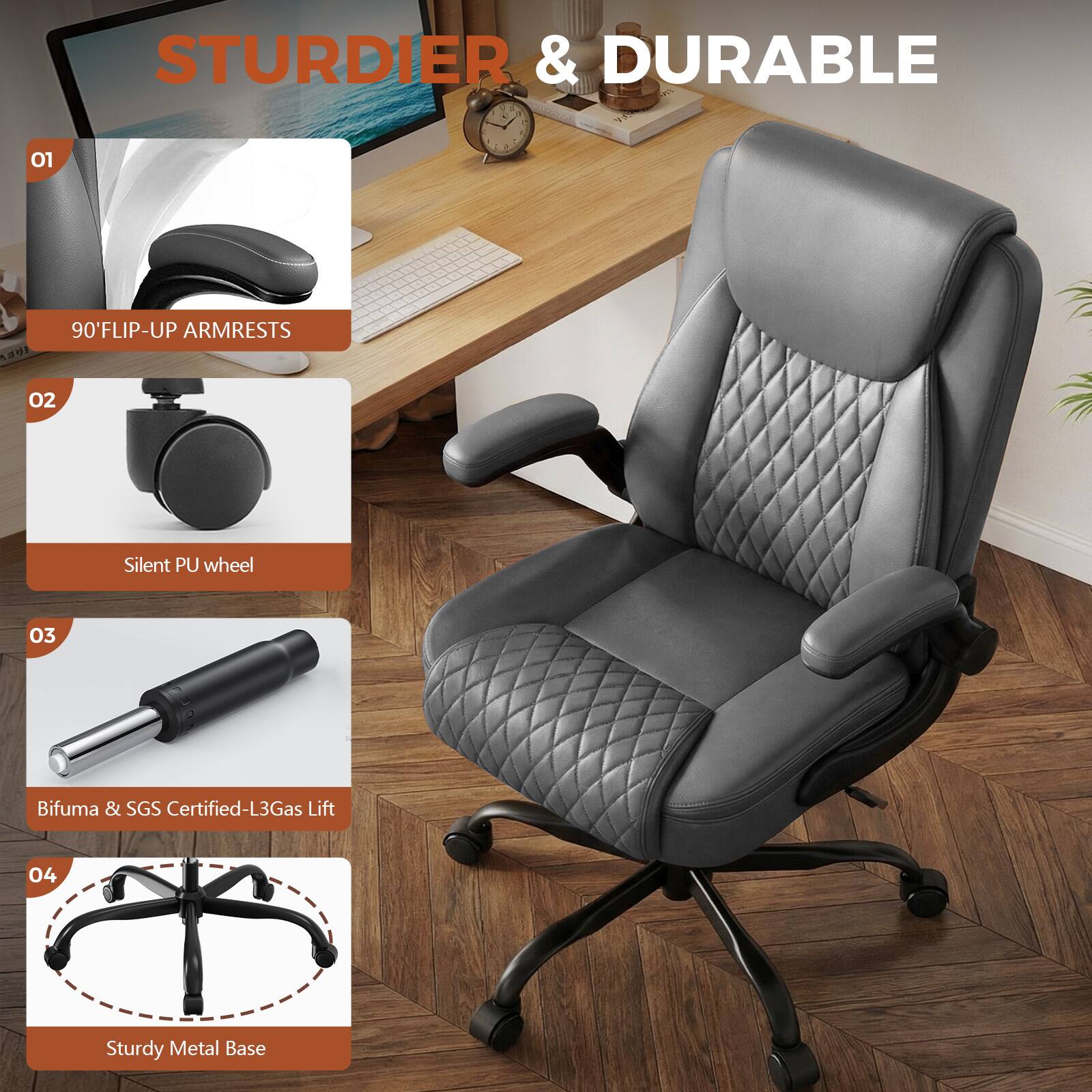 STURDIER & DURABLE

01. 90° FLIP-UP ARMRESTS

02. Silent PU wheel

03. Bifuma & SGS Certified-L3Gas Lift

04. Sturdy Metal Base