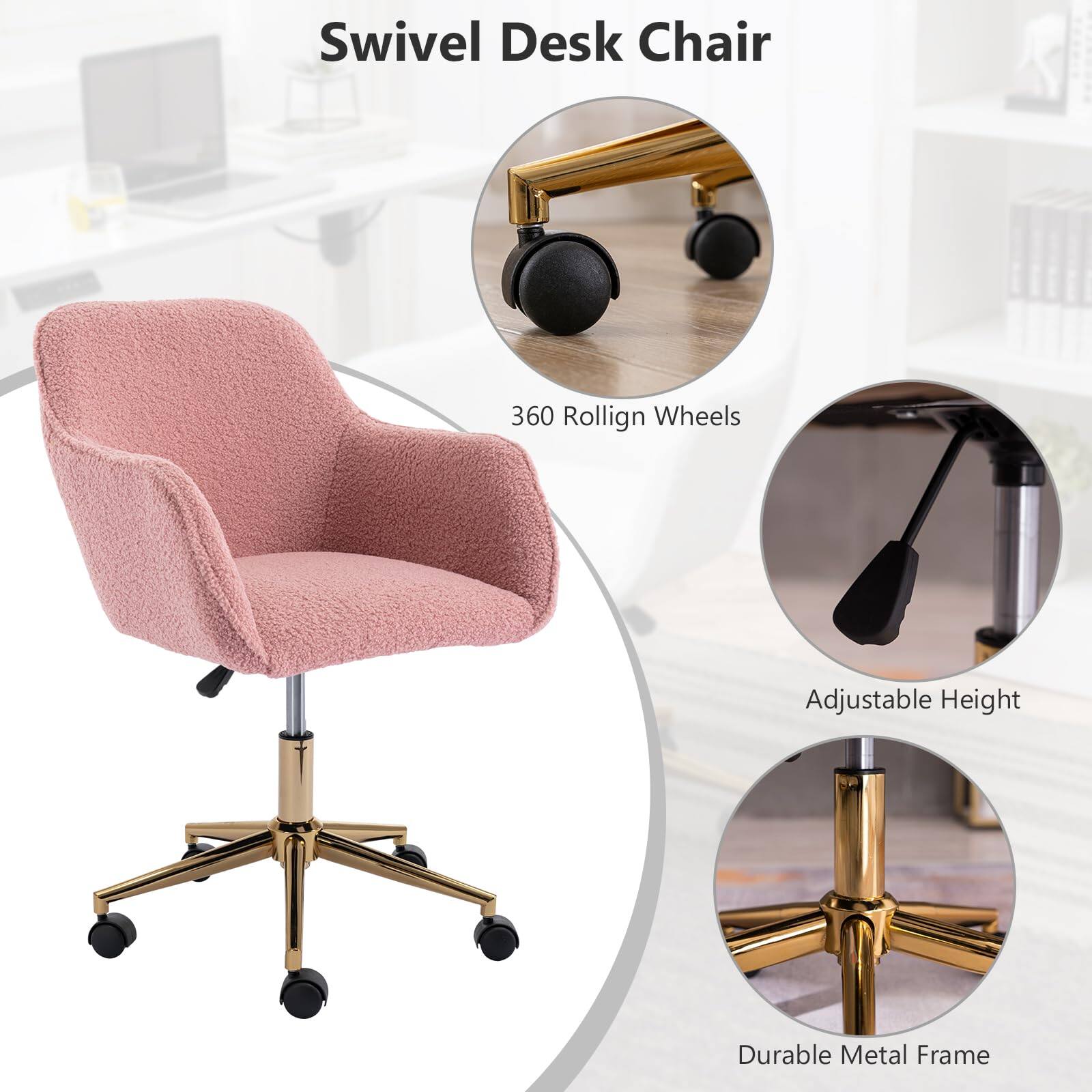 Swivel Desk Chair

- 360 Rollign Wheels
- Adjustable Height
- Durable Metal Frame