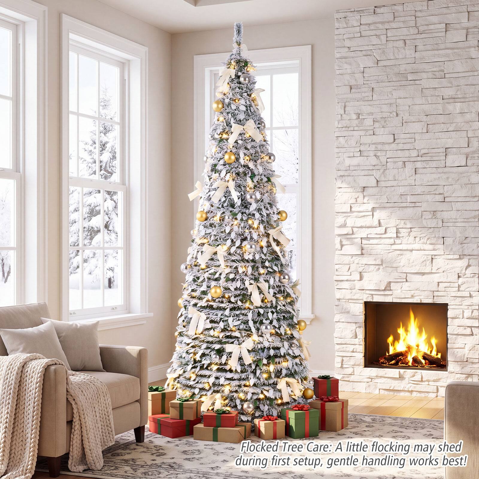 Flocked Tree Care: A little flocking may shed during first setup, gentle handling works best!