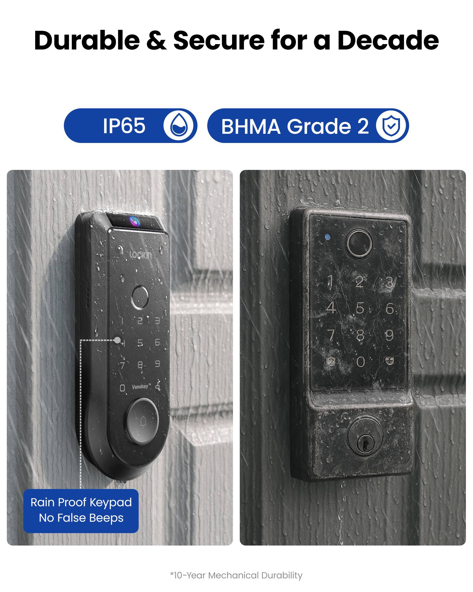 Durable & Secure for a Decade

IP65 BHMA Grade 2

LOCKIn

1 2 3
4 5 6
7 8 9
0

Venokay

Rain Proof Keypad No False Beeps

*10-Year Mechanical Durability