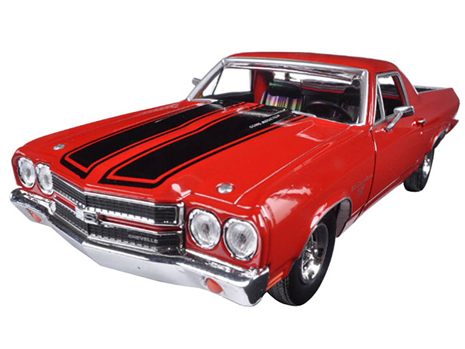 Angle. Motormax - 1970 Chevrolet El Camino SS 396 Red with Black Stripes 1/24 Diecast Model Car by Motormax - Red, Black.