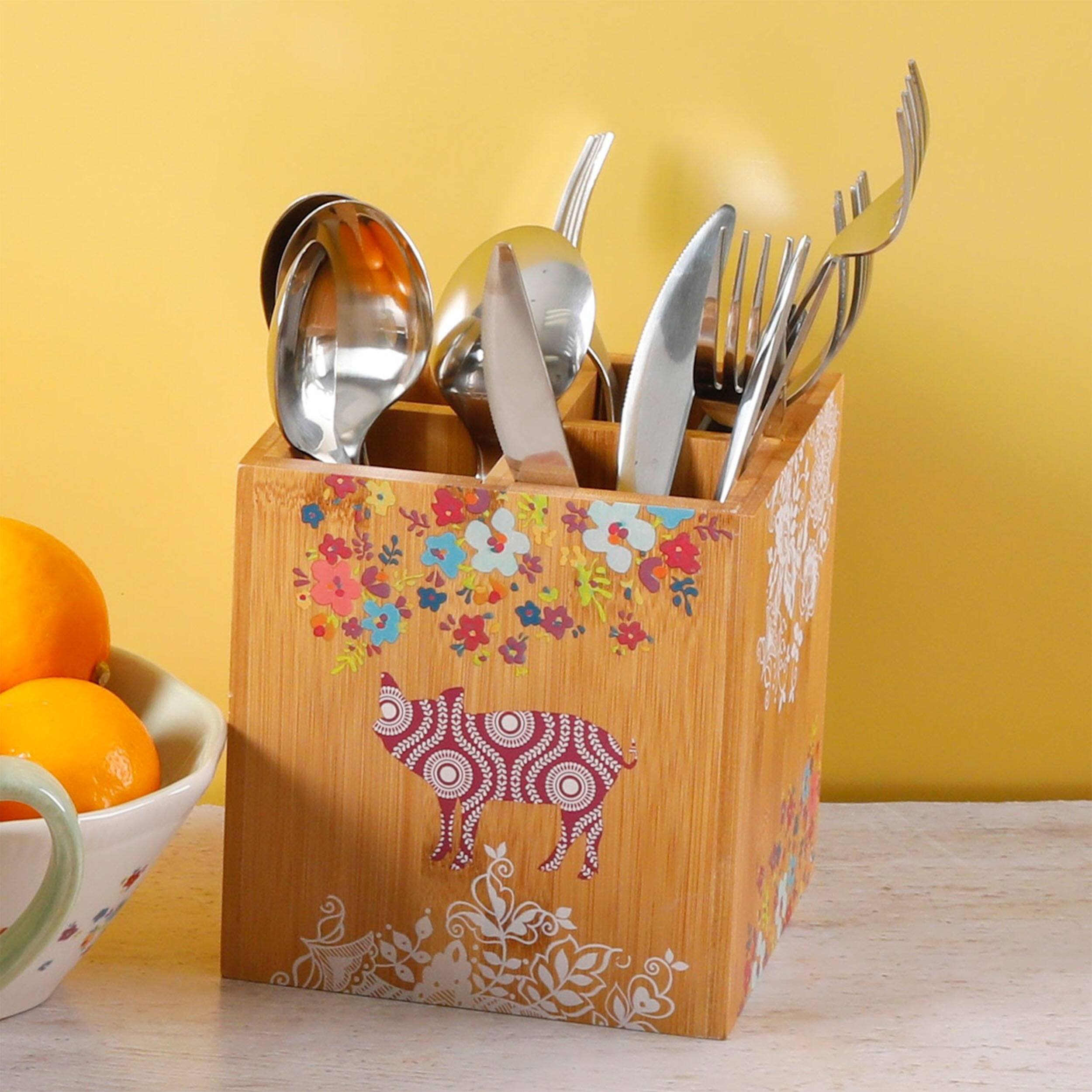 Alt View 4. Urban Market - Gibson Urban Market 5.5 Inch Square Bamboo Utensil Holder in Animal and Floral Print - Brown.