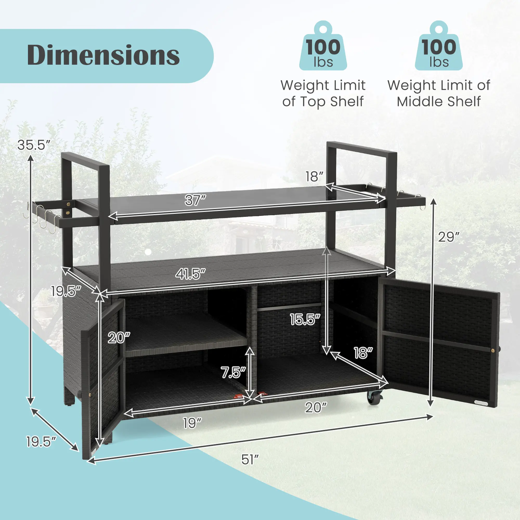 Dimensions:
- Height: 35.5"
- Width: 37"
- Depth: 19.5"
- Top Shelf: 41.5" (Width) x 18" (Depth)
- Middle Shelf: 15.5" (Width) x 18" (Depth)
- Bottom Shelf: 19" (Width) x 20" (Depth)
- Overall Depth: 51"

Weight Limit:
- Top Shelf: 100 lbs
- Middle Shelf: 100 lbs