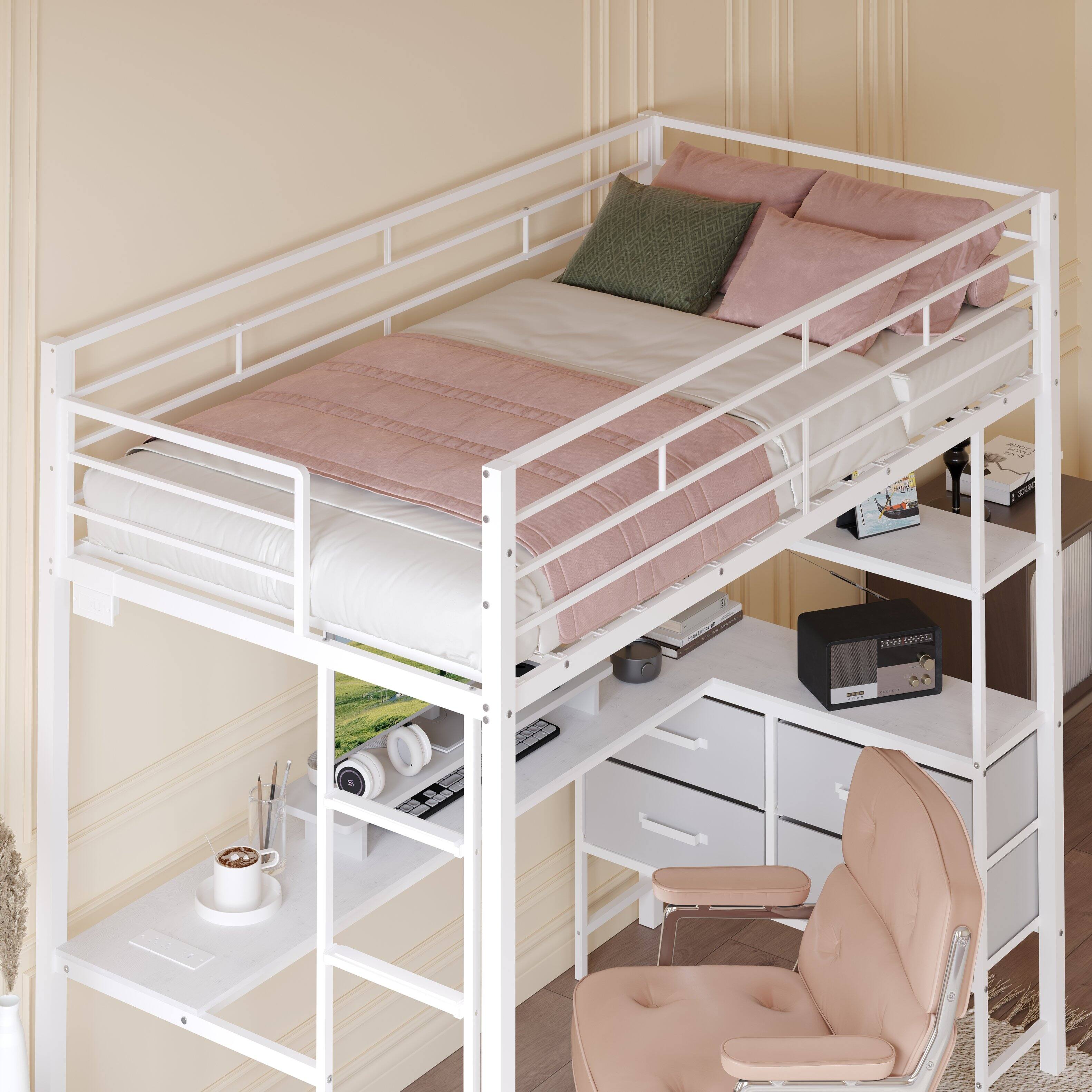 Alt View 5. Winado - Twin Loft Bed with L-Shaped Desk, Charging Station 4 Storage Drawers & 2 Shelves Smart RGB LED Lights 400 lbs Capacity - White.