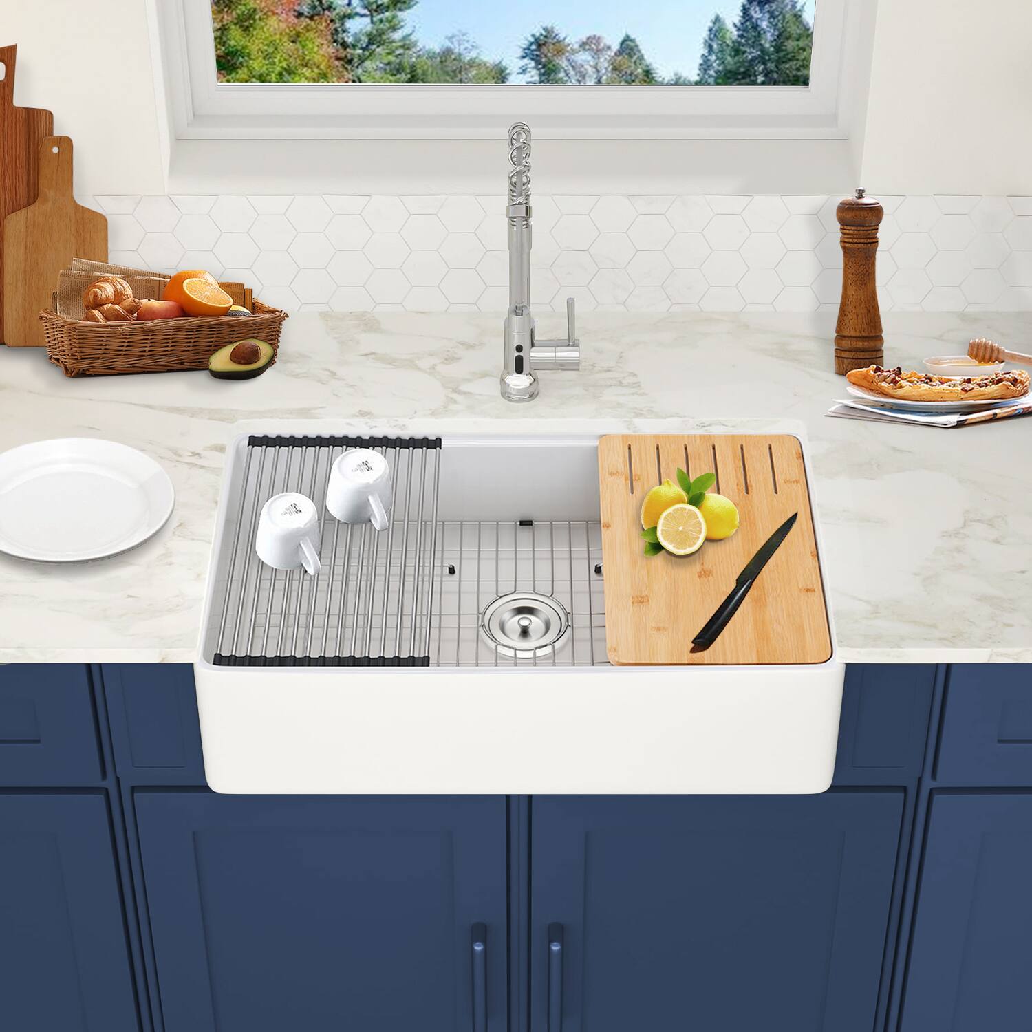 Angle. TinyHomie - 33x20 Inch Fireclay Workstation Farmhouse Kitchen Sink with Accessories - White.