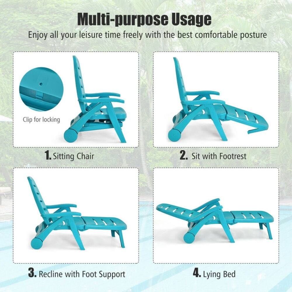 Multi-purpose Usage  
Enjoy all your leisure time freely with the best comfortable posture  

1. Sitting Chair  
2. Sit with Footrest  
3. Recline with Foot Support  
4. Lying Bed  

Clip for locking