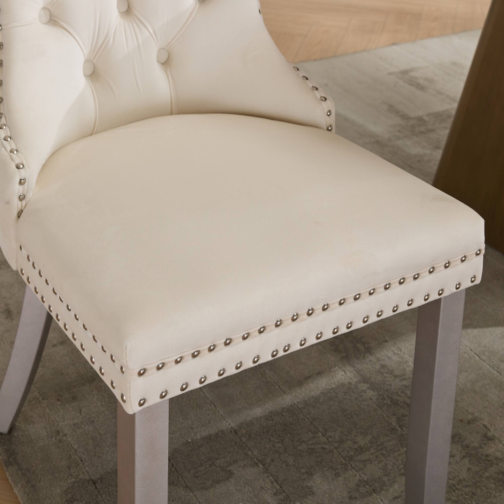 Alt View 6. GOODSILO - Modern High-End Tufted Velvet Upholstered Dining Chairs with Solid Wood Legs and Nailhead Trim, Set of 2 - Milk White.