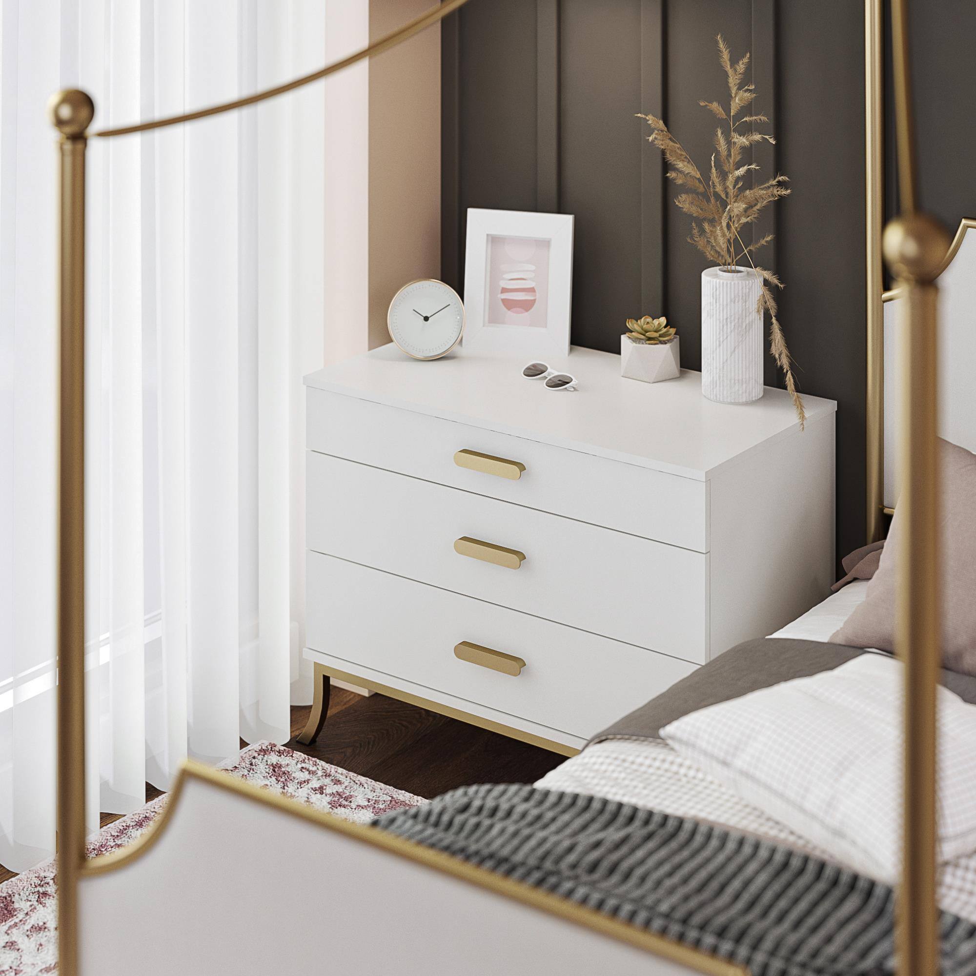 Alt View 1. TinyHomie - 3-Drawer Dresser with Oval Handles - White and Gold.