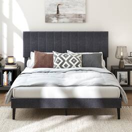 LUCKY ONE - Queen Assembled Velvet Platform Bed with Height Adjustable Channel Headboard - Gray-Queen