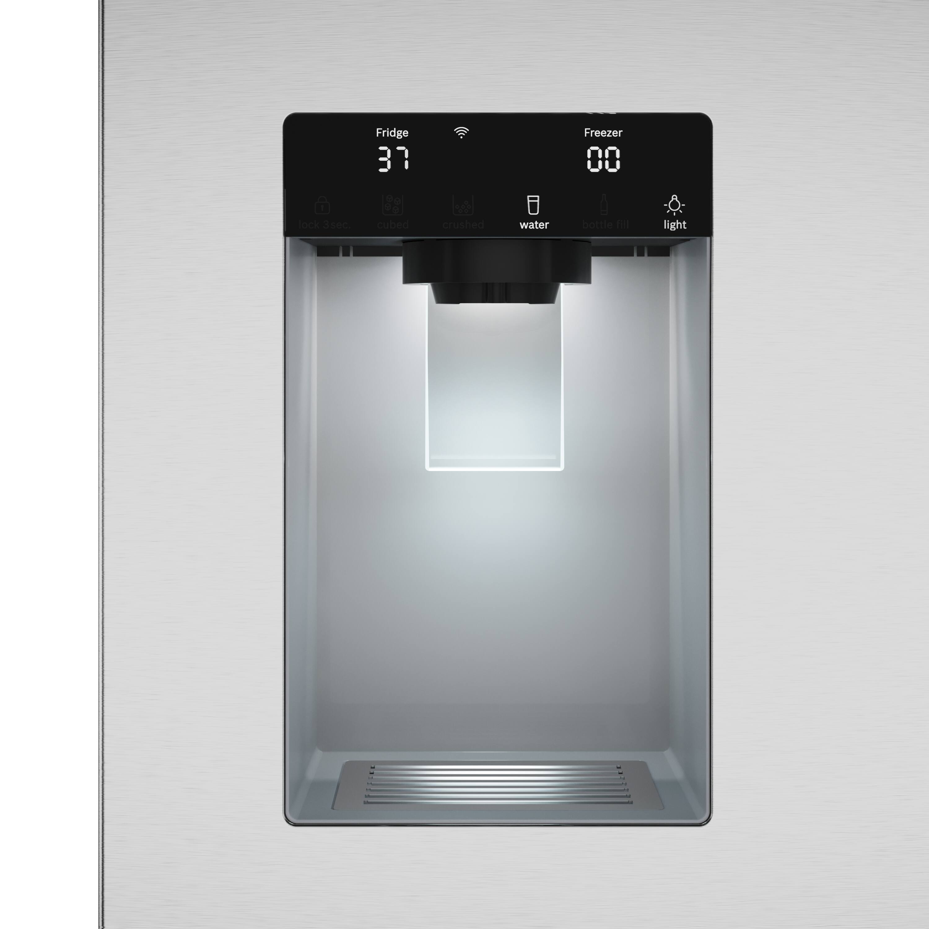 The text on the image reads: "Fridge 37 cabed crushed 0 water Freezer 00 bettle fl light." This text is grouped and corrected as follows:

"Fridge 37 cabed crushed 0 water Freezer 00 bettle fl light."

The corrected text is: "Fridge 37 degrees cabed crushed 0 water Freezer 00 degrees bettle fl light."