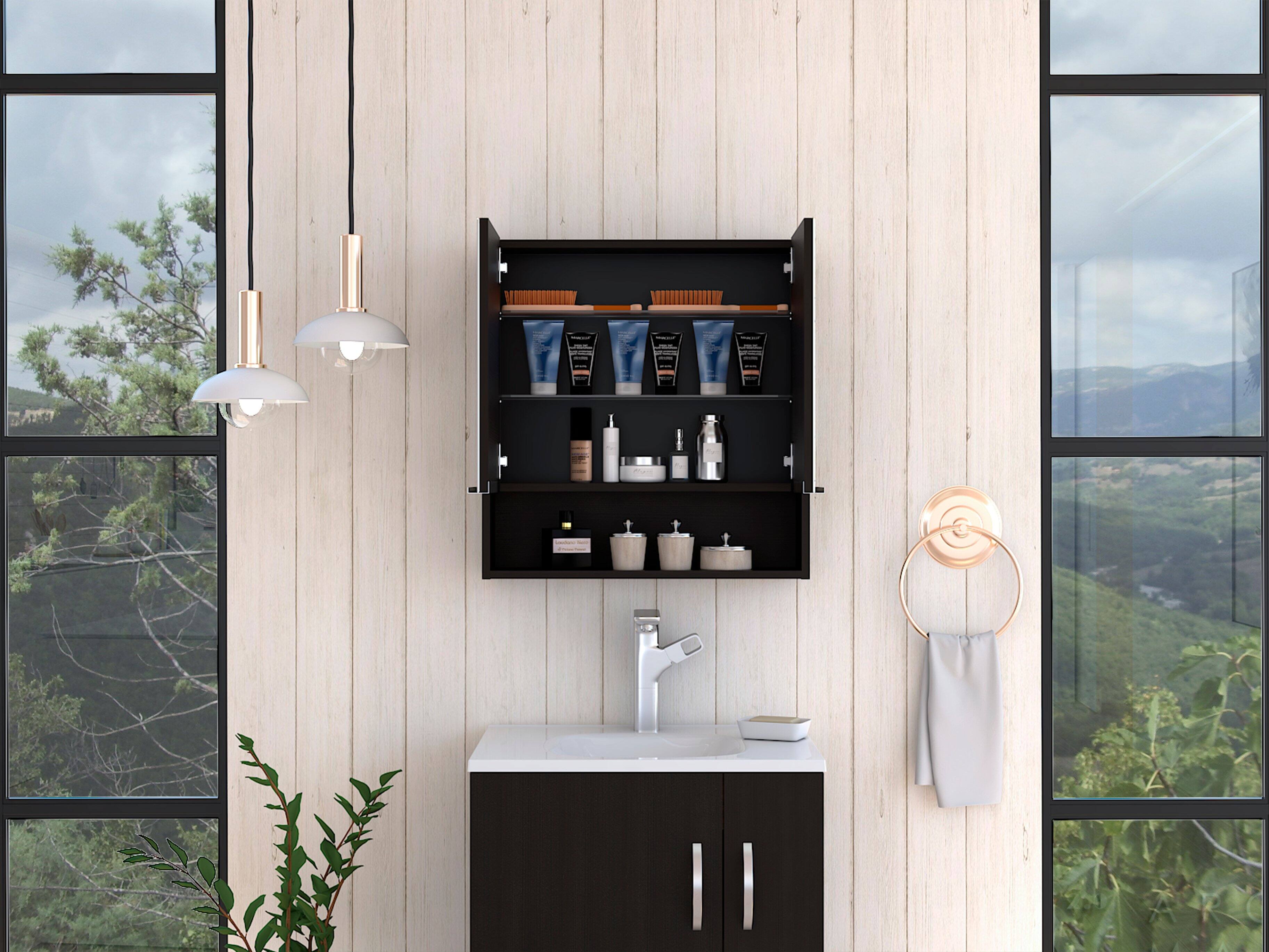 Left. TuHome - Jaspe Mirror Cabinet, Three Internal Shelves, One Open Shelf, Double Door Cabinet - Black.