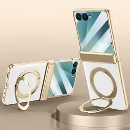 Dteck - For Samsung Galaxy Z Flip7 Luxury Plated Frame Ring Stand Magnetic Case Hinge Protection Cover+Built-in Screen Protector - White-Clear Screen