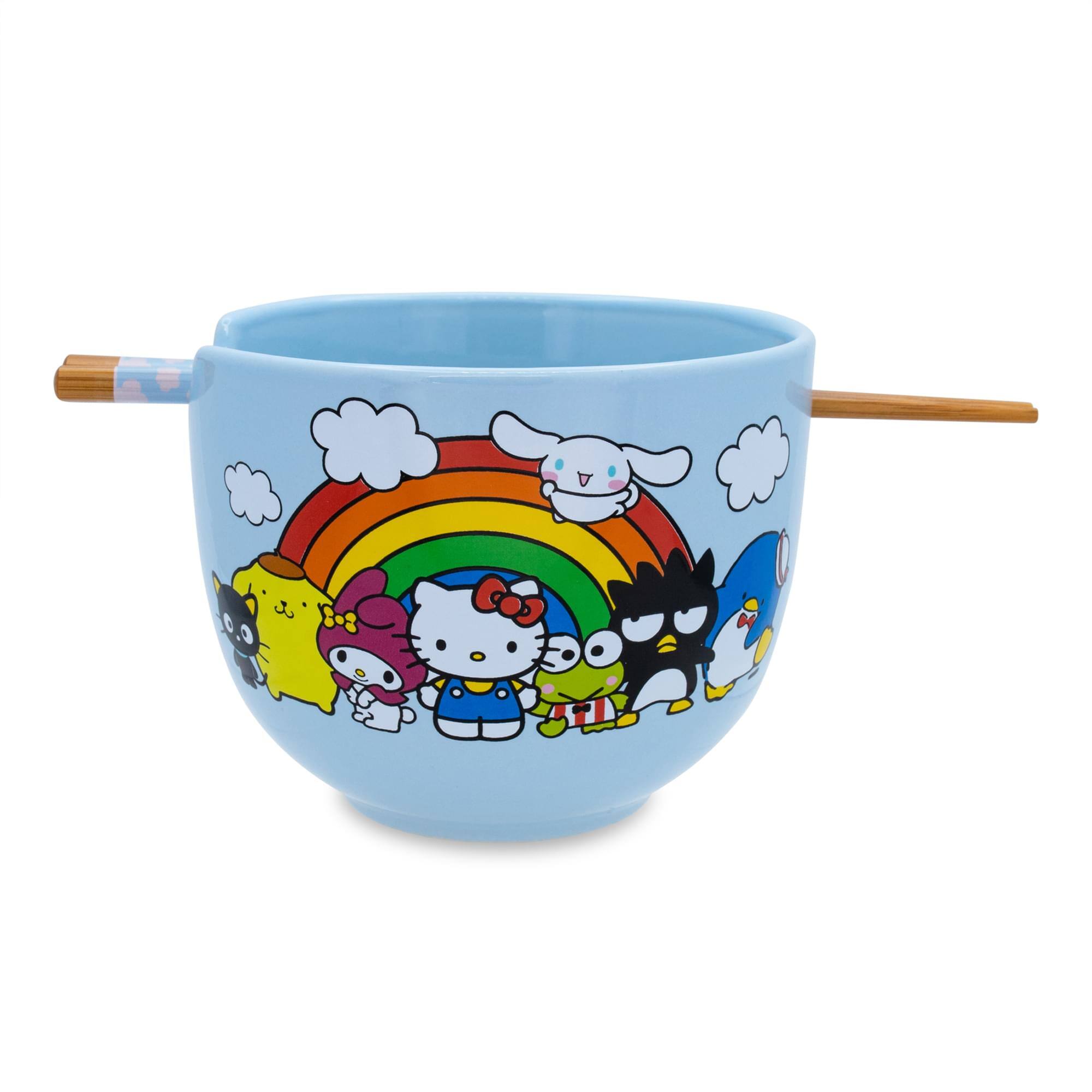 Front. Silver Buffalo - Sanrio Hello Kitty and Friends Rainbow Ceramic Ramen Bowl and Chopstick Set - Blue.