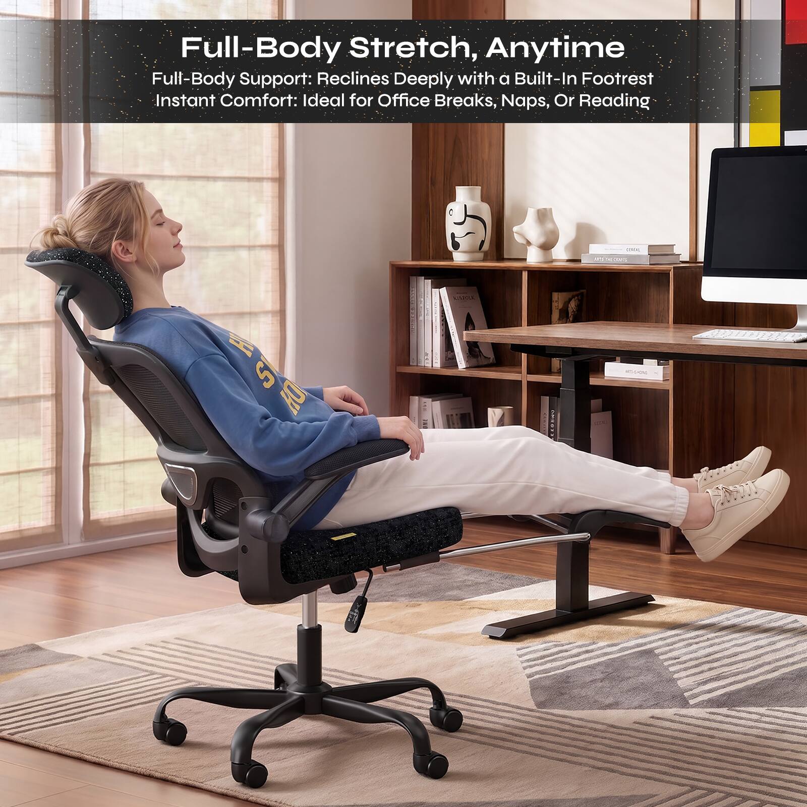 Full-Body Stretch, Anytime  
Full-Body Support: Reclines Deeply with a Built-In Footrest  
Instant Comfort: Ideal for Office Breaks, Naps, or Reading
