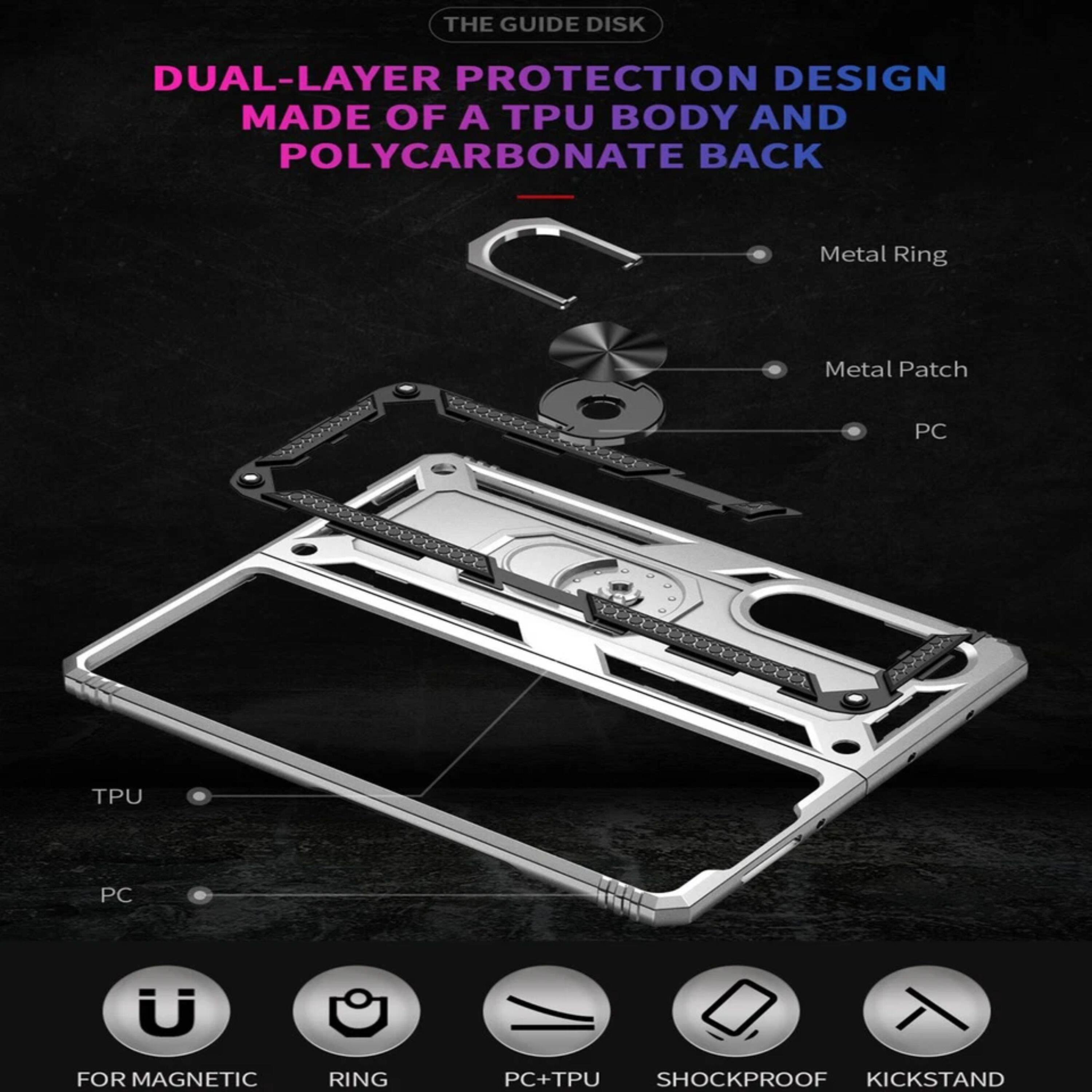 The Guide Disk Dual-Layer Protection Design Made of a TPU Body and Polycarbonate Back

Metal Ring
Metal Patch
PC

TPU
PC

For Magnetic Ring
PC+TPU
Shockproof
Kickstand