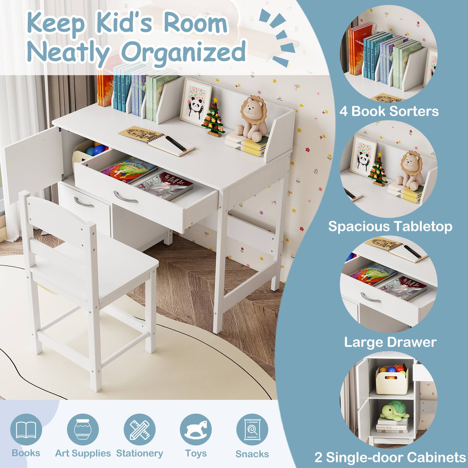 Keep Kid's Room Neatly Organized

- 4 Book Sorters
- Spacious Tabletop
- Large Drawer
- 2 Single-door Cabinets

Books, Art Supplies, Stationery, Toys, Snacks