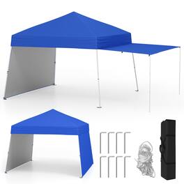 Gymax - 14 X 9.2 FT Pop up Canopy Tent w/ 2 Convertible Sidewalls to Awning & Stakes Blue - Natural