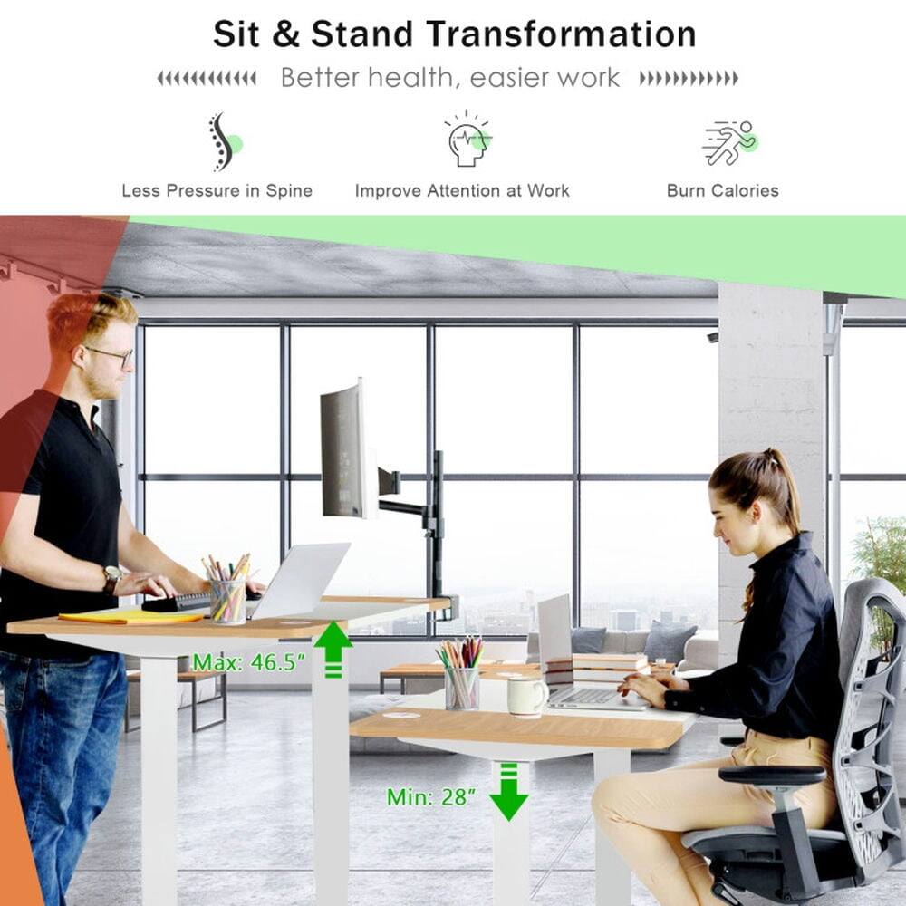 Sit & Stand Transformation  
Better health, easier work  

- Less Pressure in Spine  
- Improve Attention at Work  
- Burn Calories  

Max: 46.5"  
Min: 28"