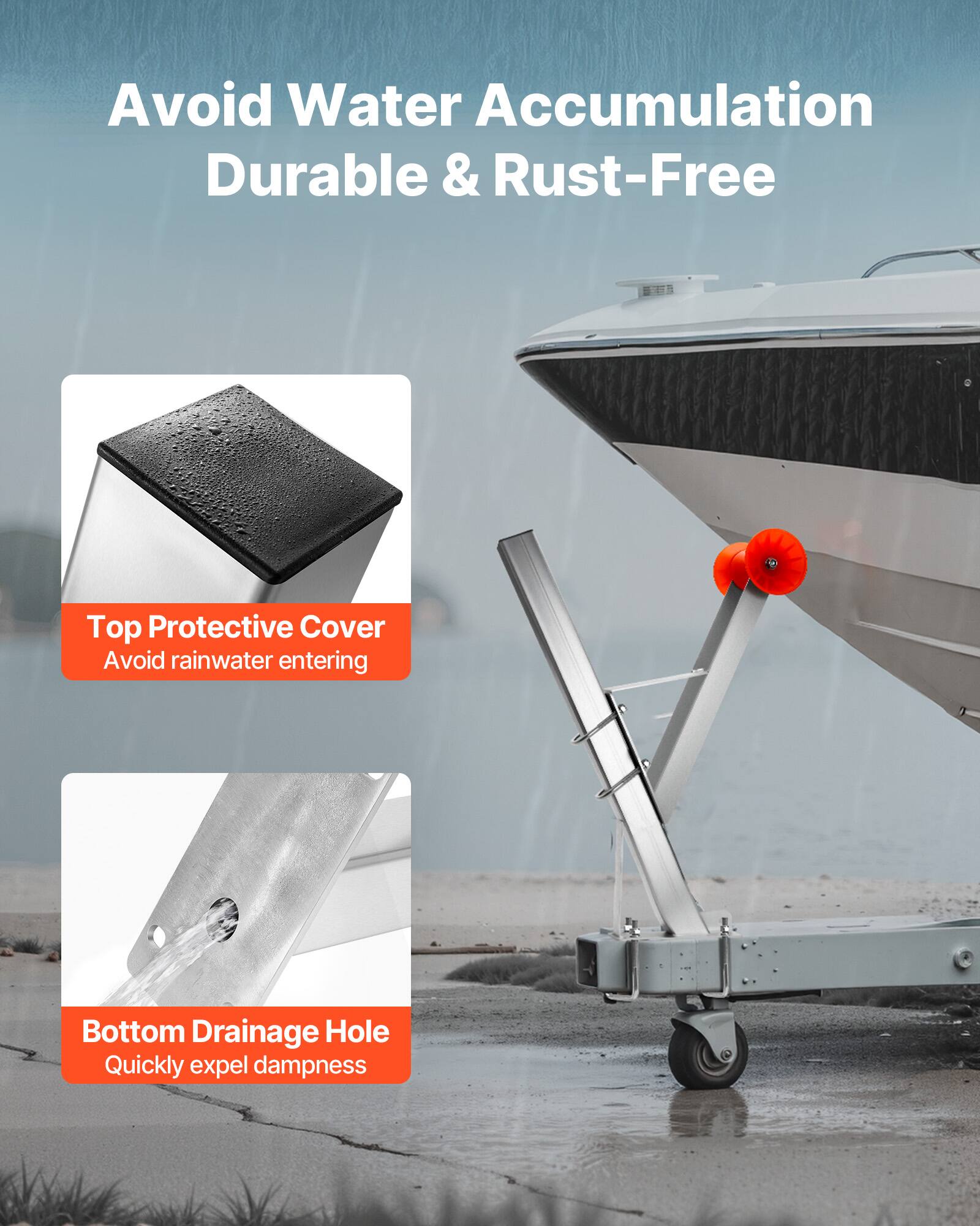 Avoid Water Accumulation  
Durable & Rust-Free  

Top Protective Cover  
Avoid rainwater entering  

Bottom Drainage Hole  
Quickly expel dampness